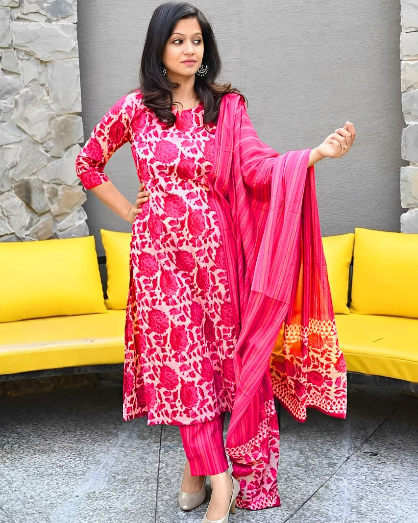 Pink Fancy wear Kurti With Bottom Dupatta set