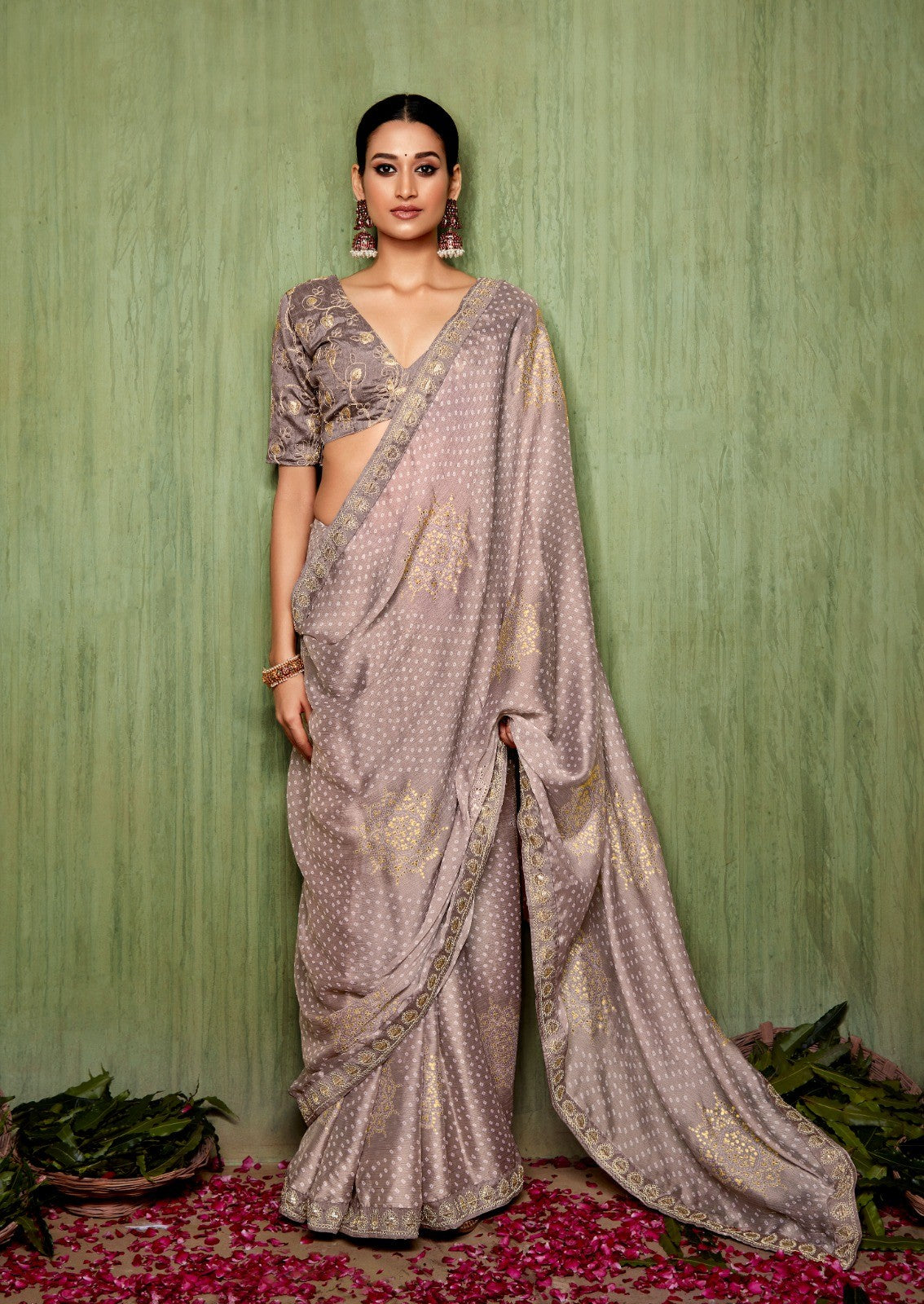Light Brown Chiffon Foil Printed Bandhani Saree