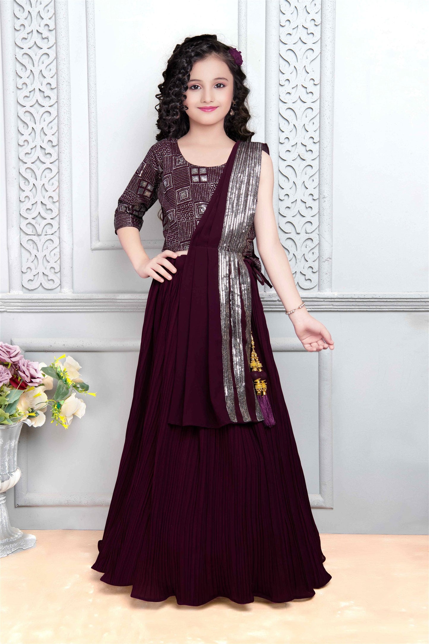 Delightful Georgette Saddle Brown Kids Lehenga Choli 635C