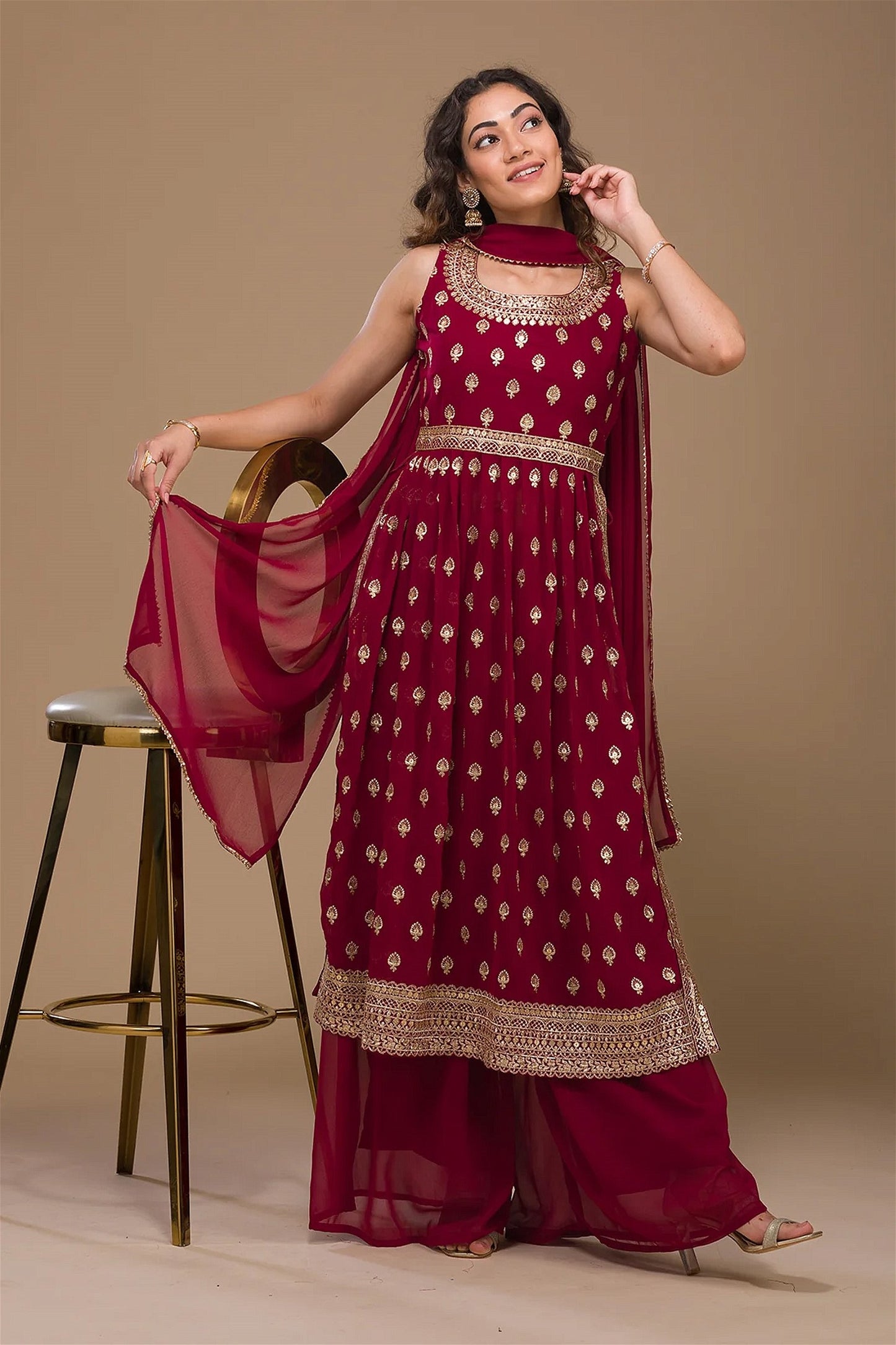 Semi Stitched Nayra Cut Sequin With Embroidery Work Salwar Suit