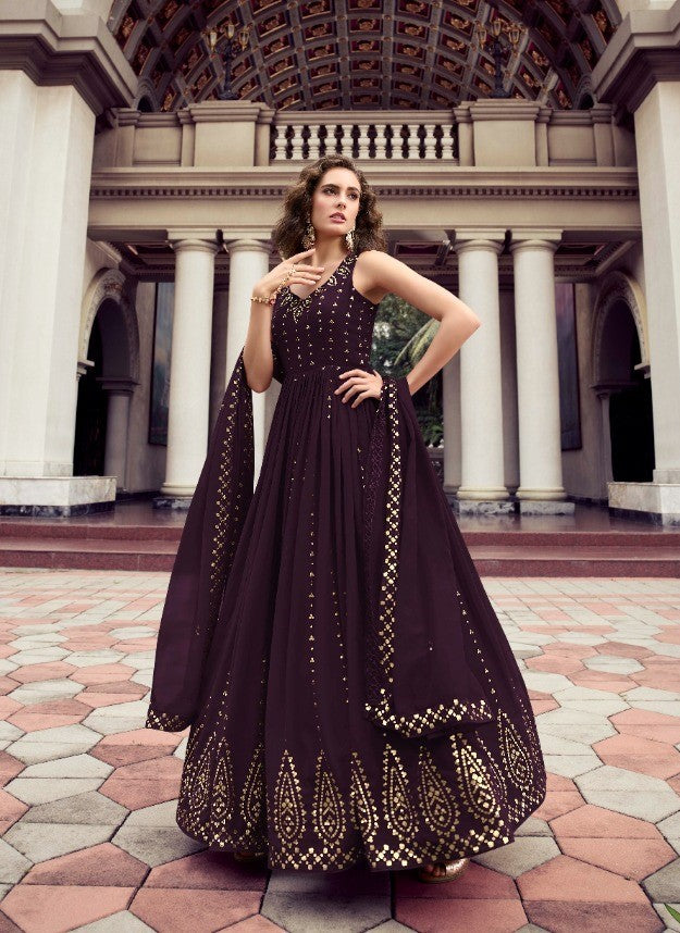 Purple Wedding Wear Women's Gown With Stylish Dupatta