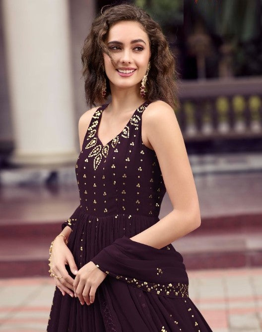 Purple Wedding Wear Women's Gown With Stylish Dupatta