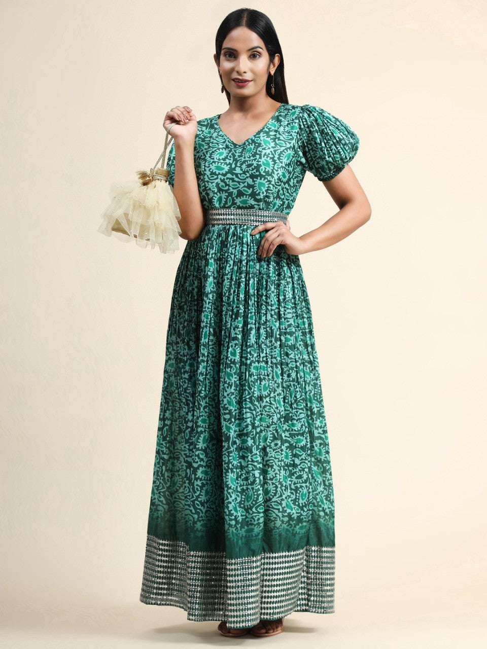Dark Green Organza Long Gown For Women