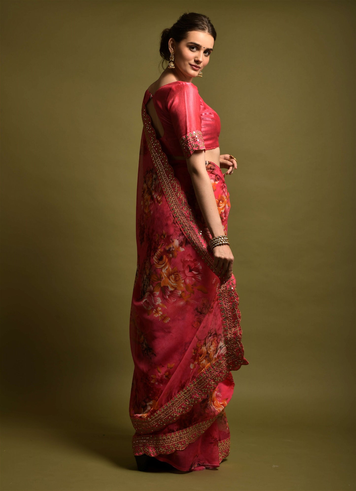 Red Georgette with Flower Print Saree
