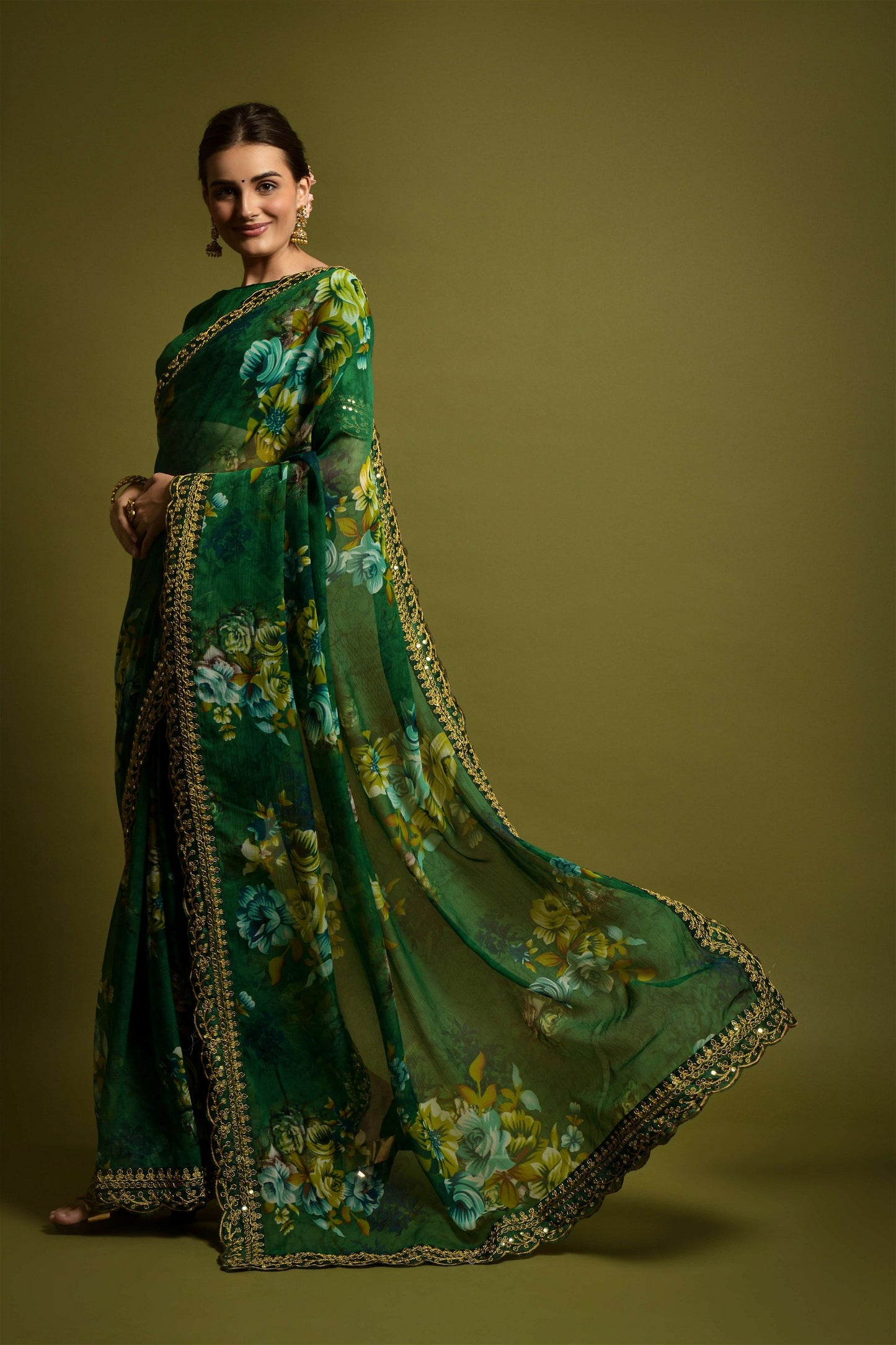 Green Georgette with Flower Print Saree