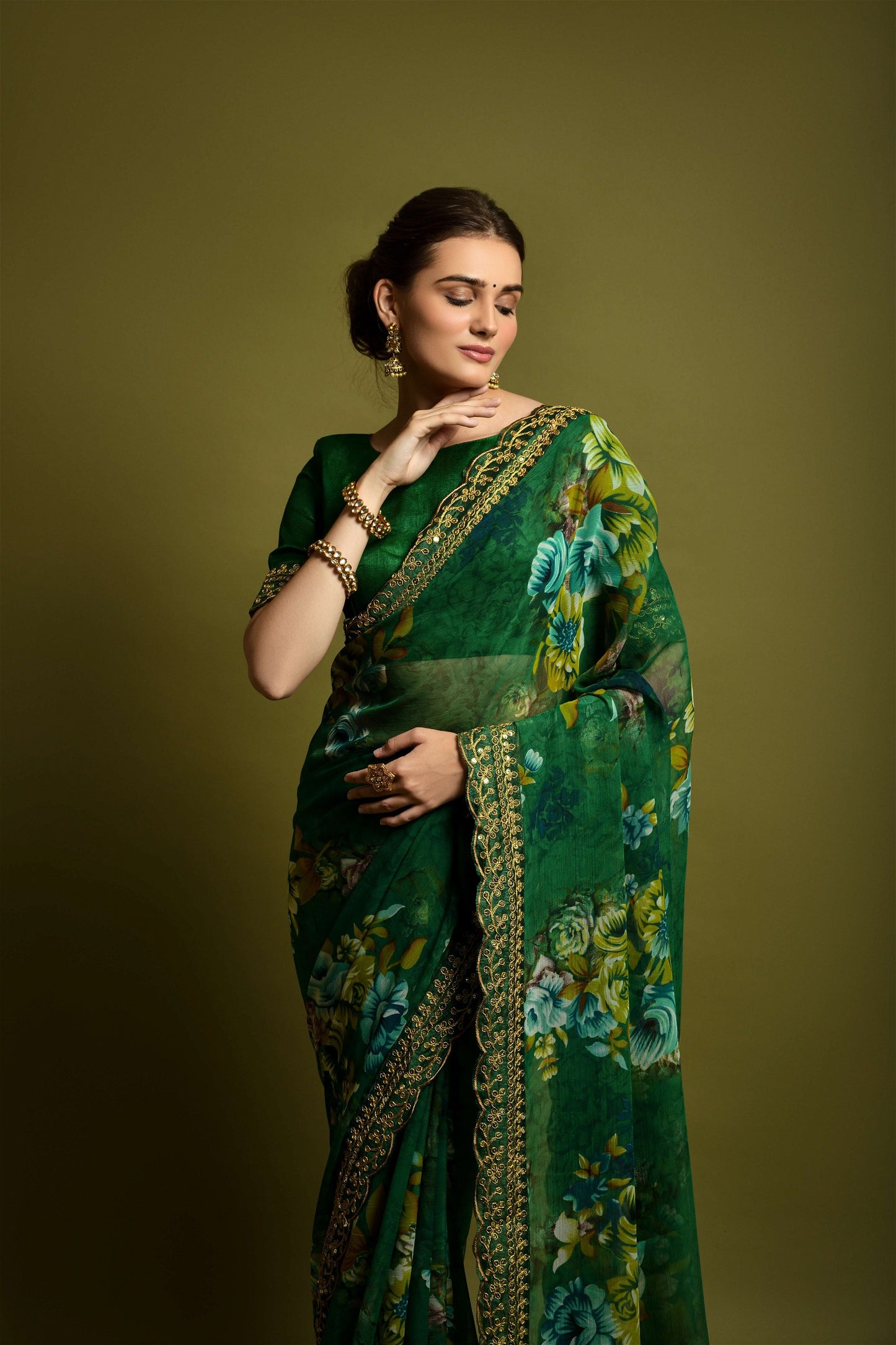 Green Georgette with Flower Print Saree