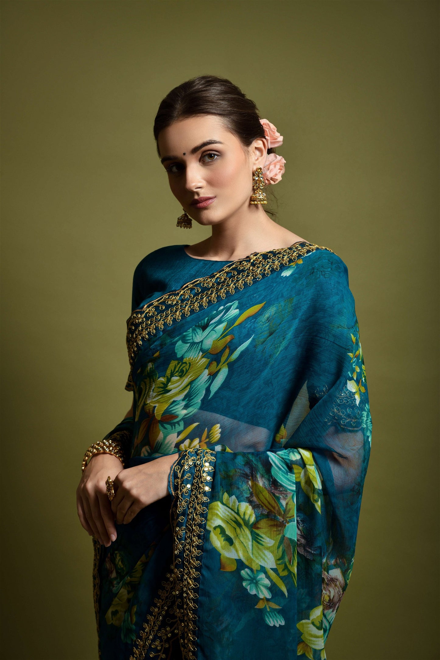 Teal Blue Georgette with Flower Print Saree