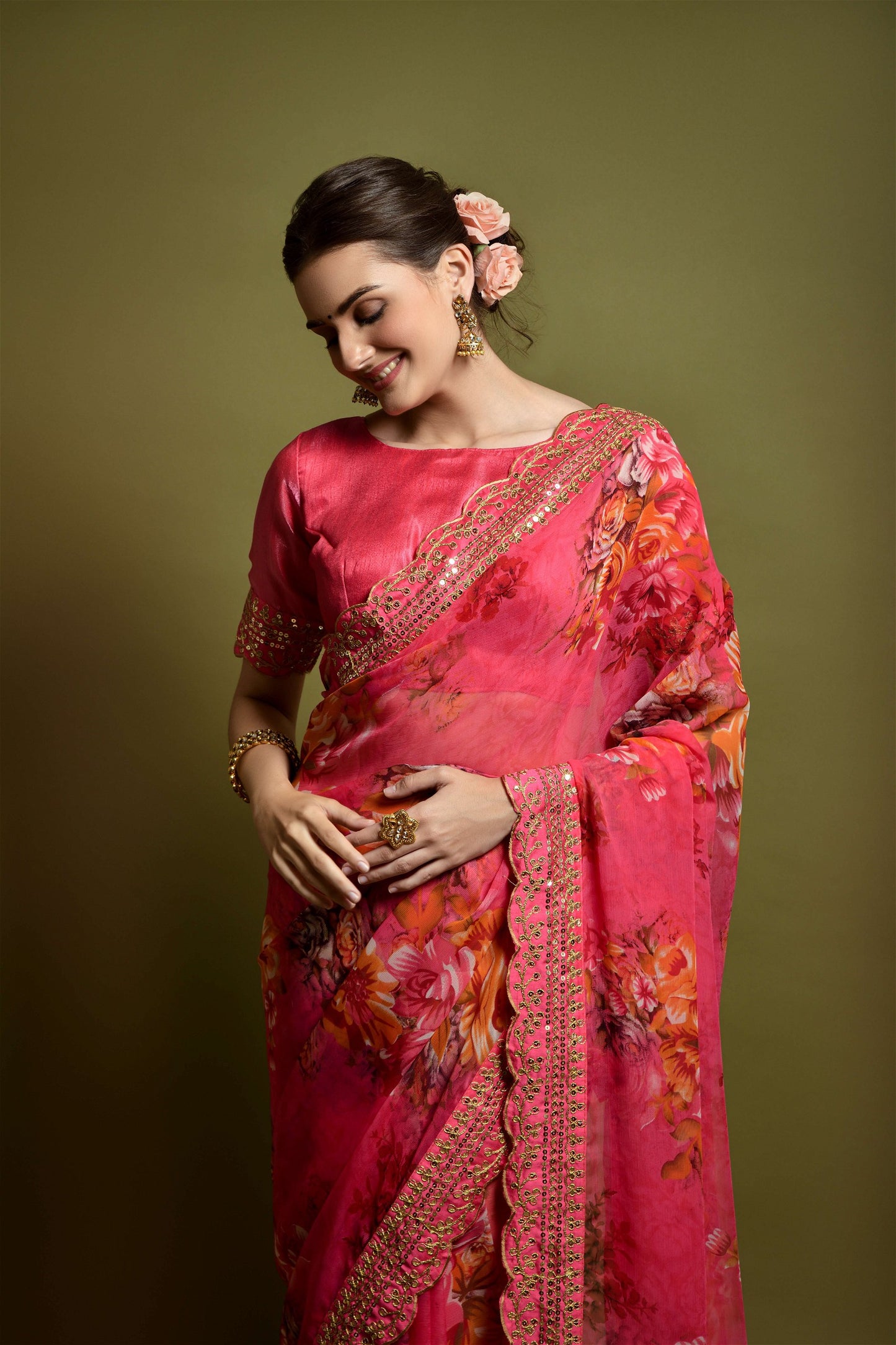 Red Georgette with Flower Print Saree