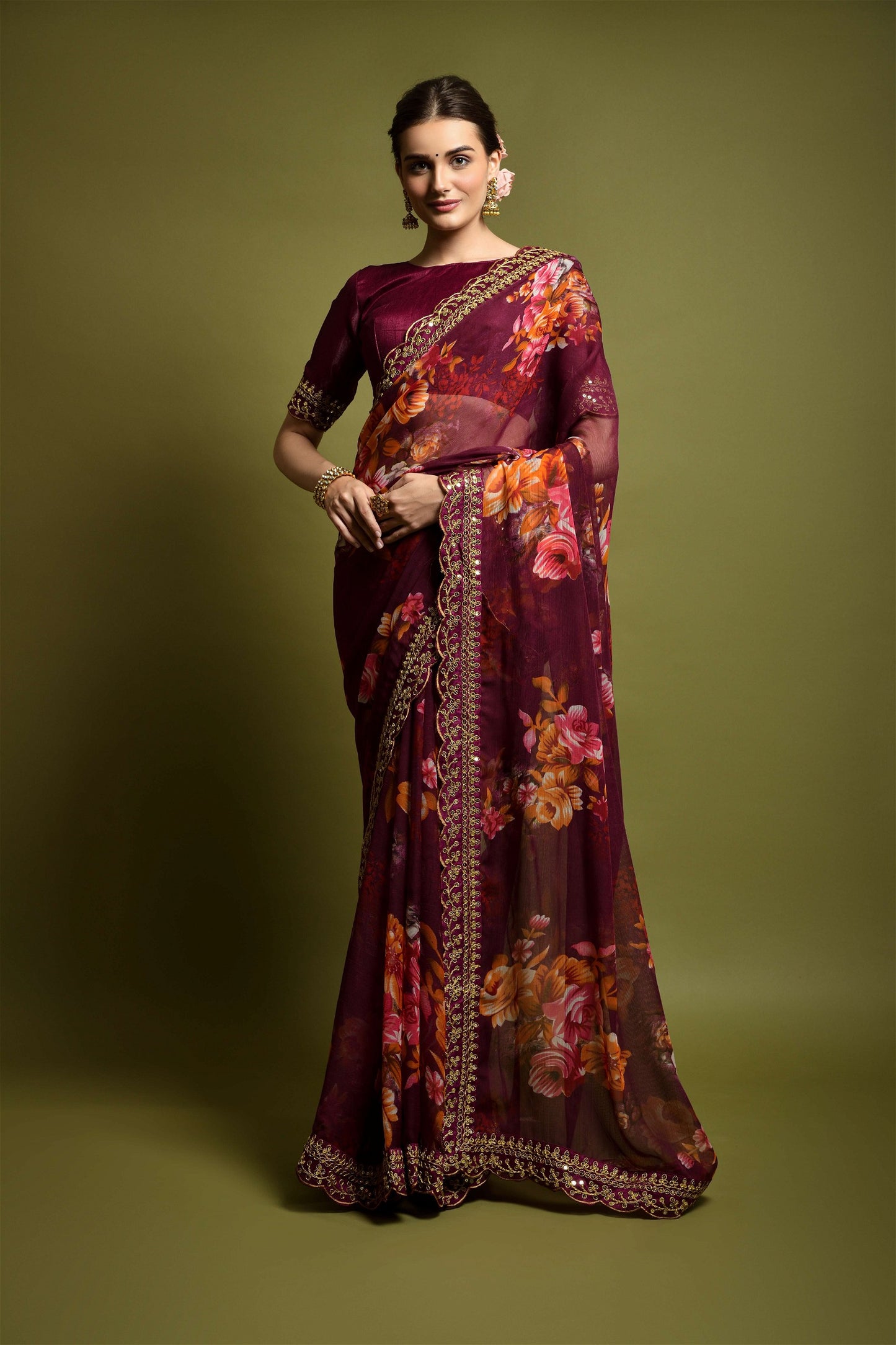 Maroon Georgette with Flower Print Saree