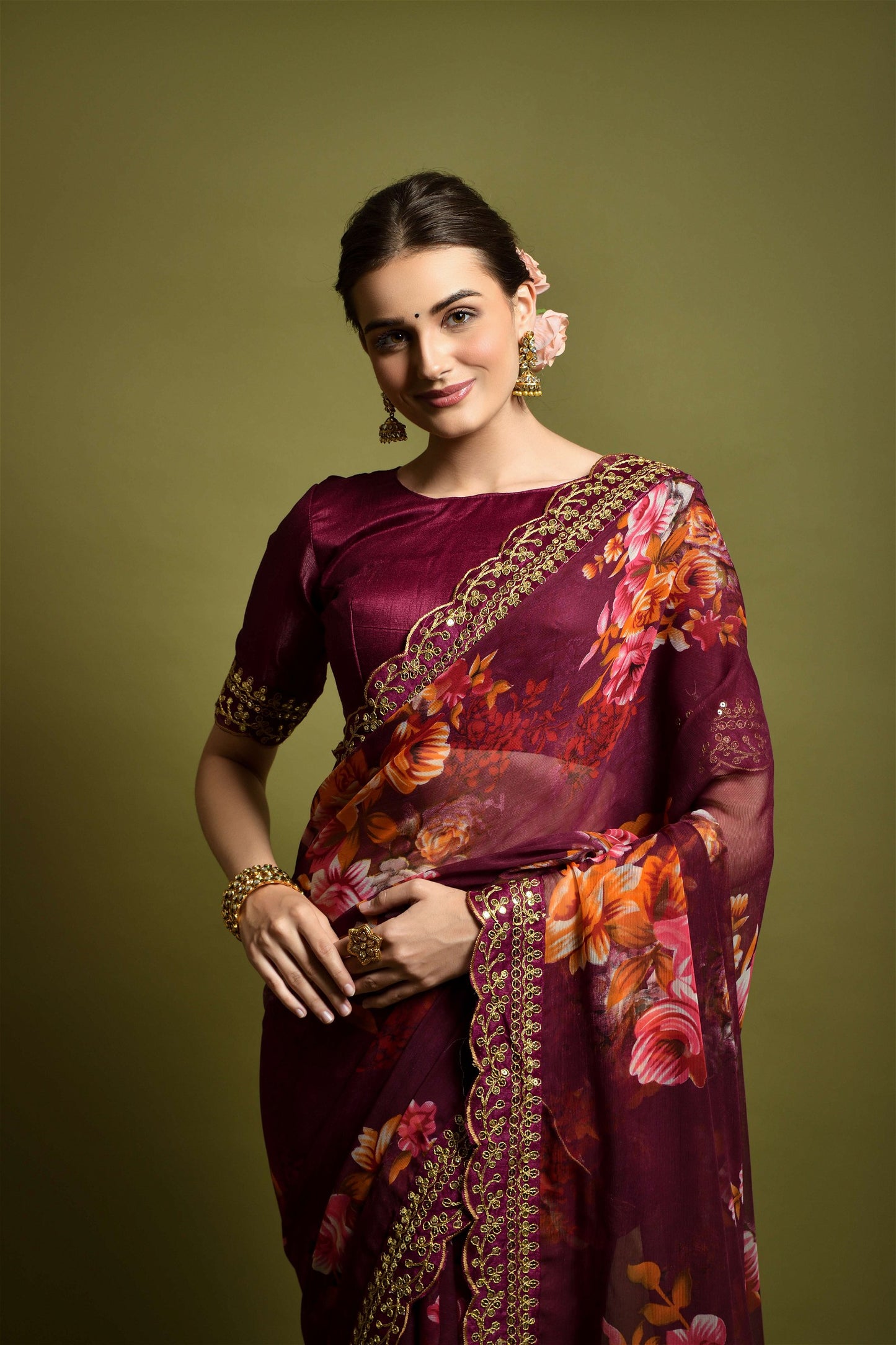 Maroon Georgette with Flower Print Saree