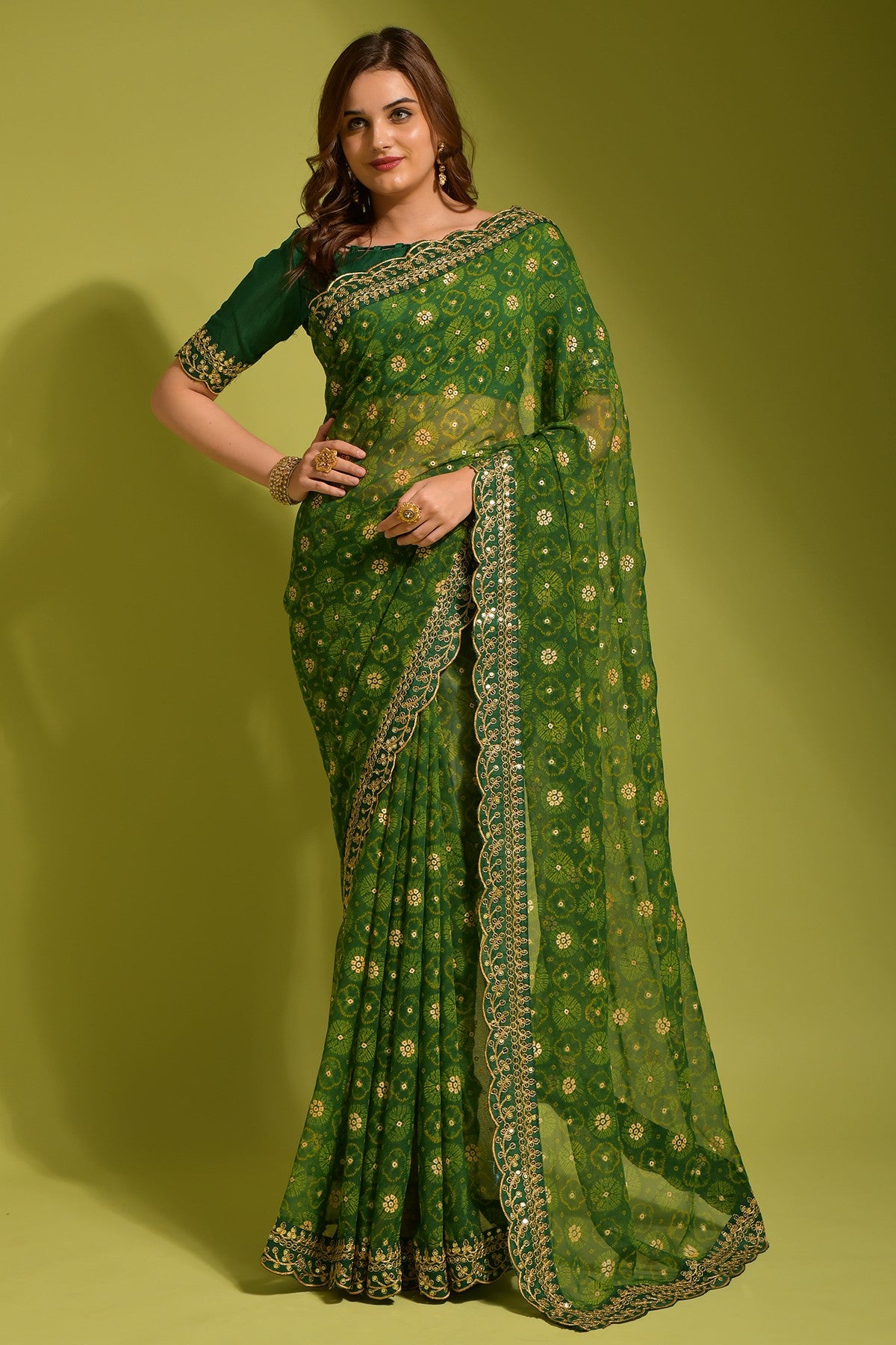 Green Georgette with Flower Foil Print Saree