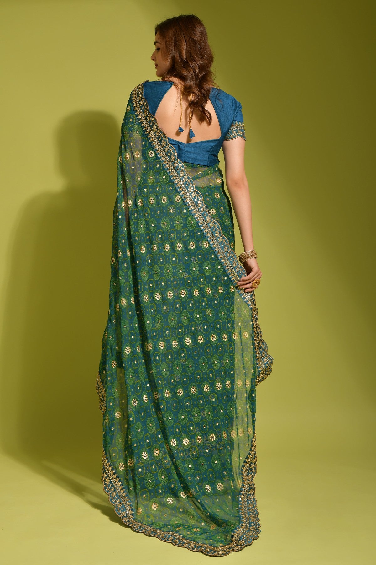 Teal Blue Georgette with Flower Foil Print Saree