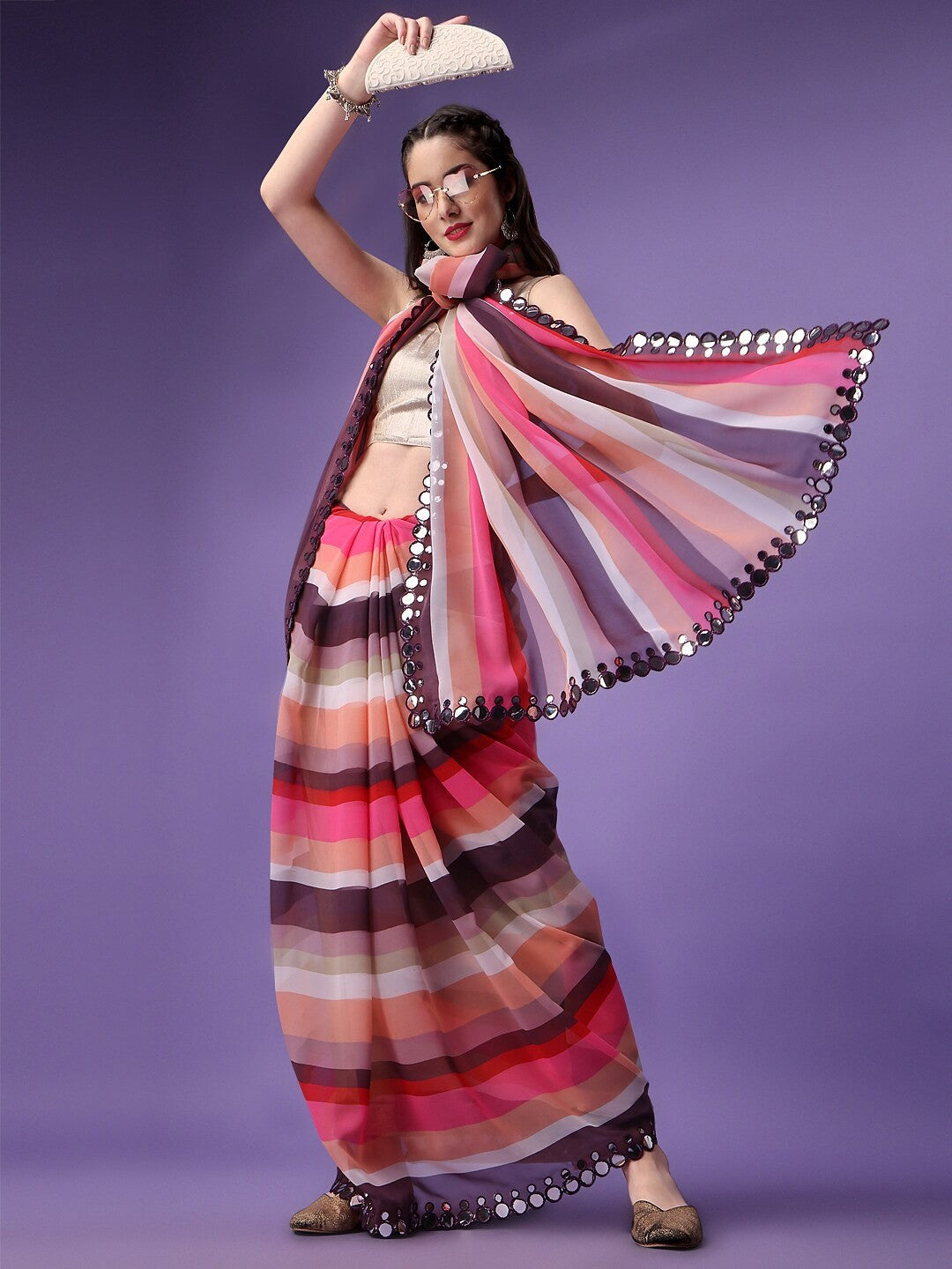 Multicolor Georgette with Leriya Print And Mirror Lace Work Saree