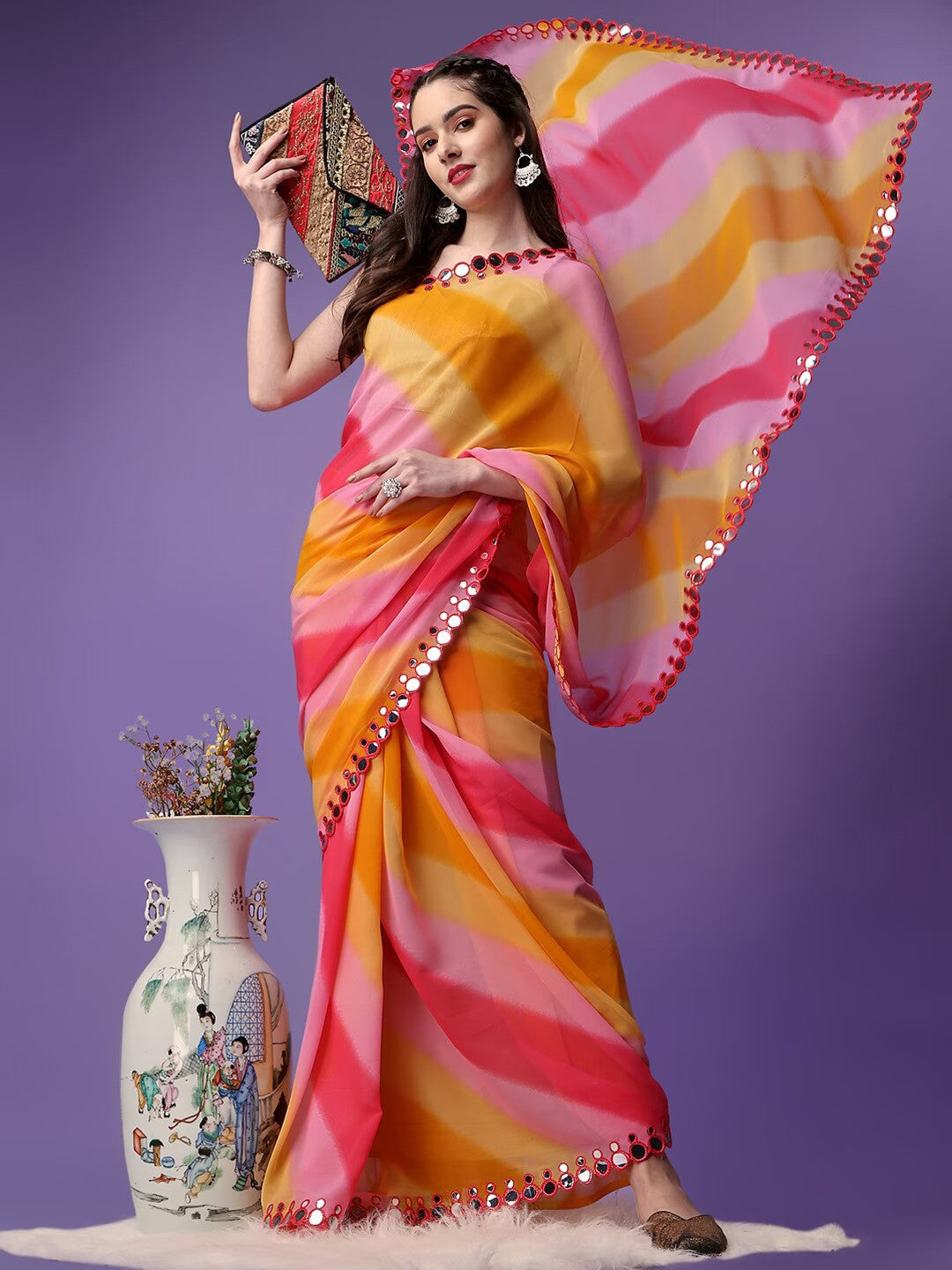 Multicolor Georgette with Leriya Print And Mirror Lace Work Saree