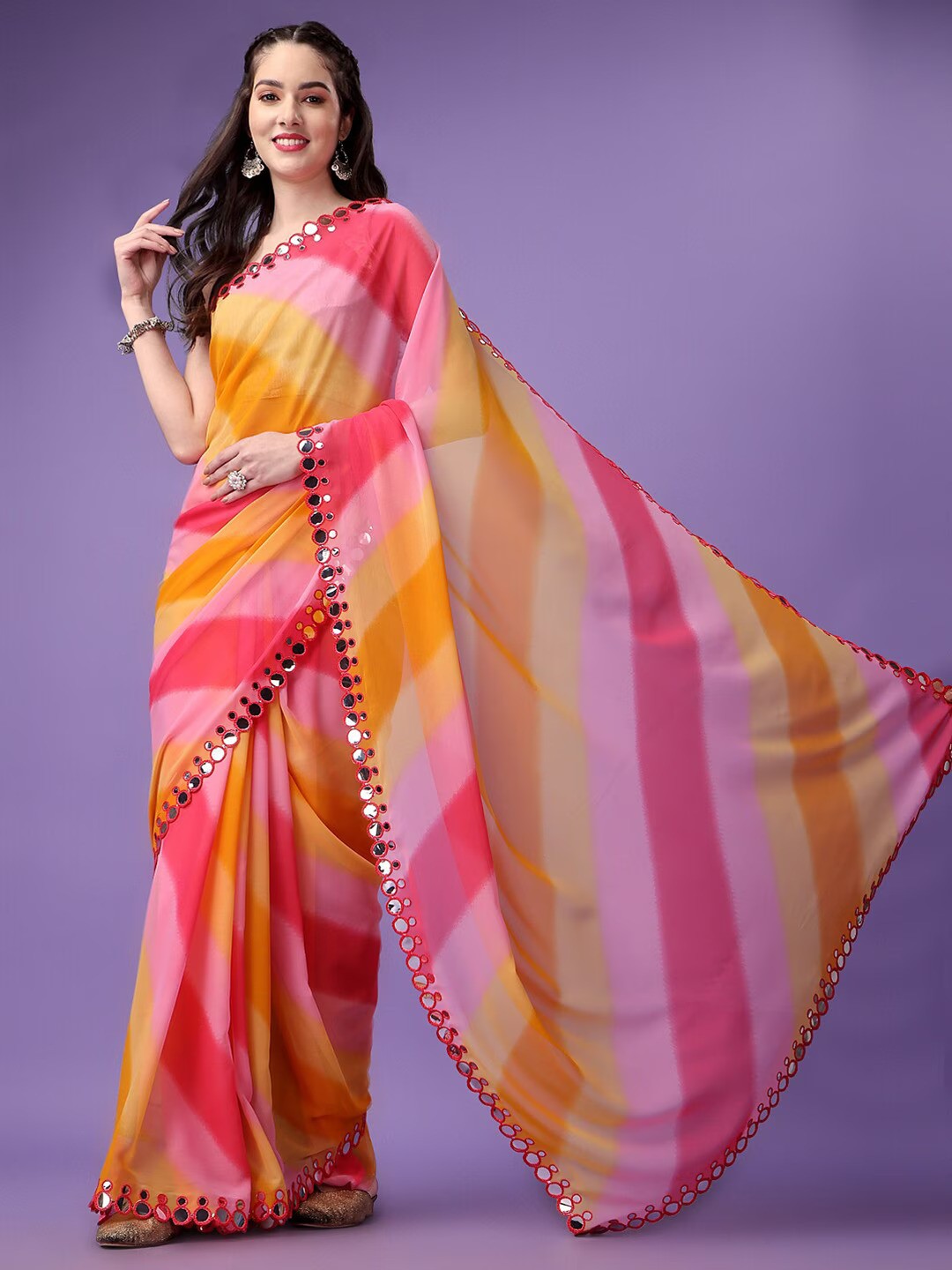 Multicolor Georgette with Leriya Print And Mirror Lace Work Saree