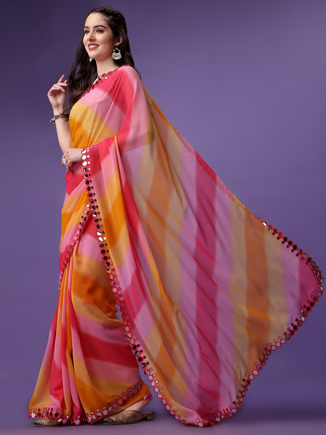 Multicolor Georgette with Leriya Print And Mirror Lace Work Saree