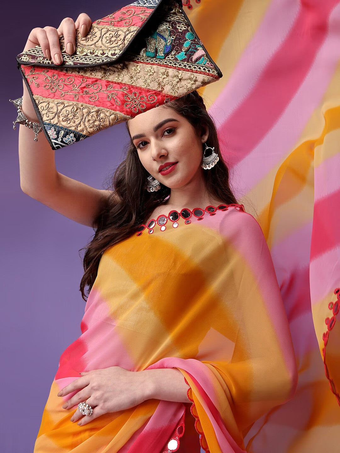 Multicolor Georgette with Leriya Print And Mirror Lace Work Saree