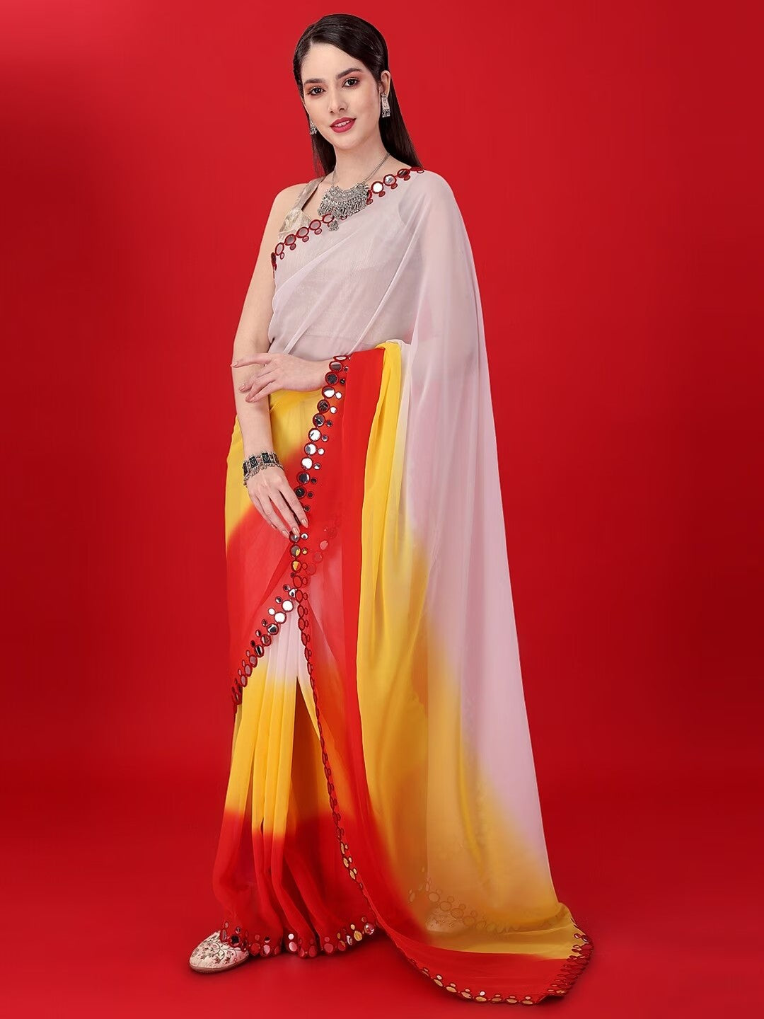 Multicolor Georgette with Leriya Print And Mirror Lace Work Saree