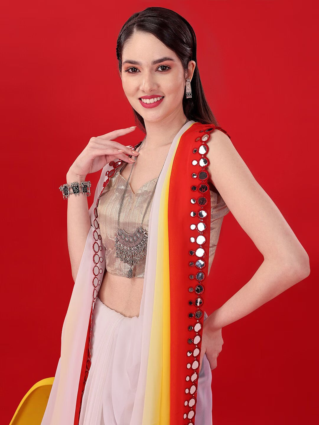 Multicolor Georgette with Leriya Print And Mirror Lace Work Saree