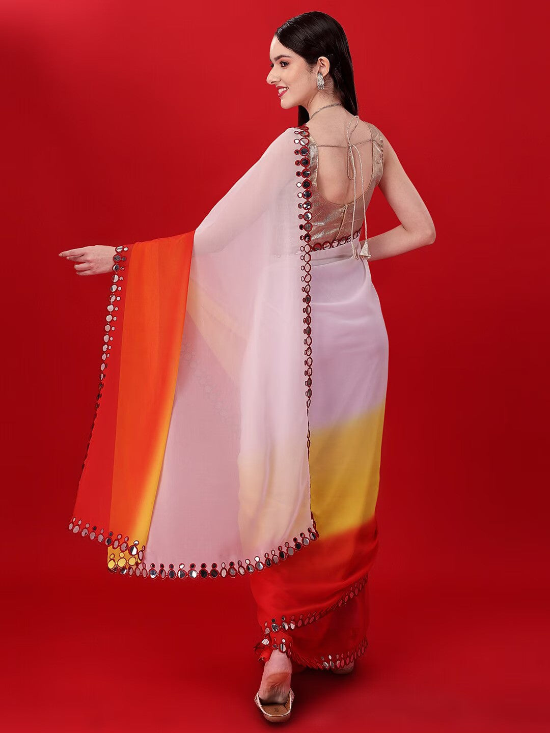 Multicolor Georgette with Leriya Print And Mirror Lace Work Saree