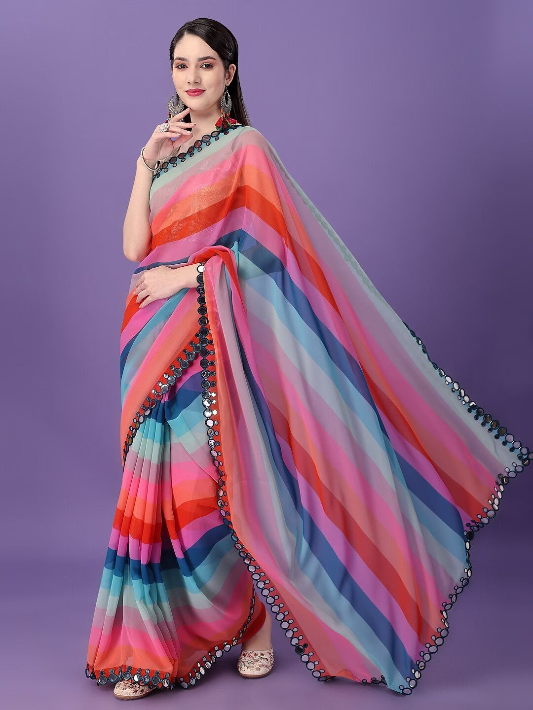 Multicolor Georgette with Leriya Print And Mirror Lace Work Saree