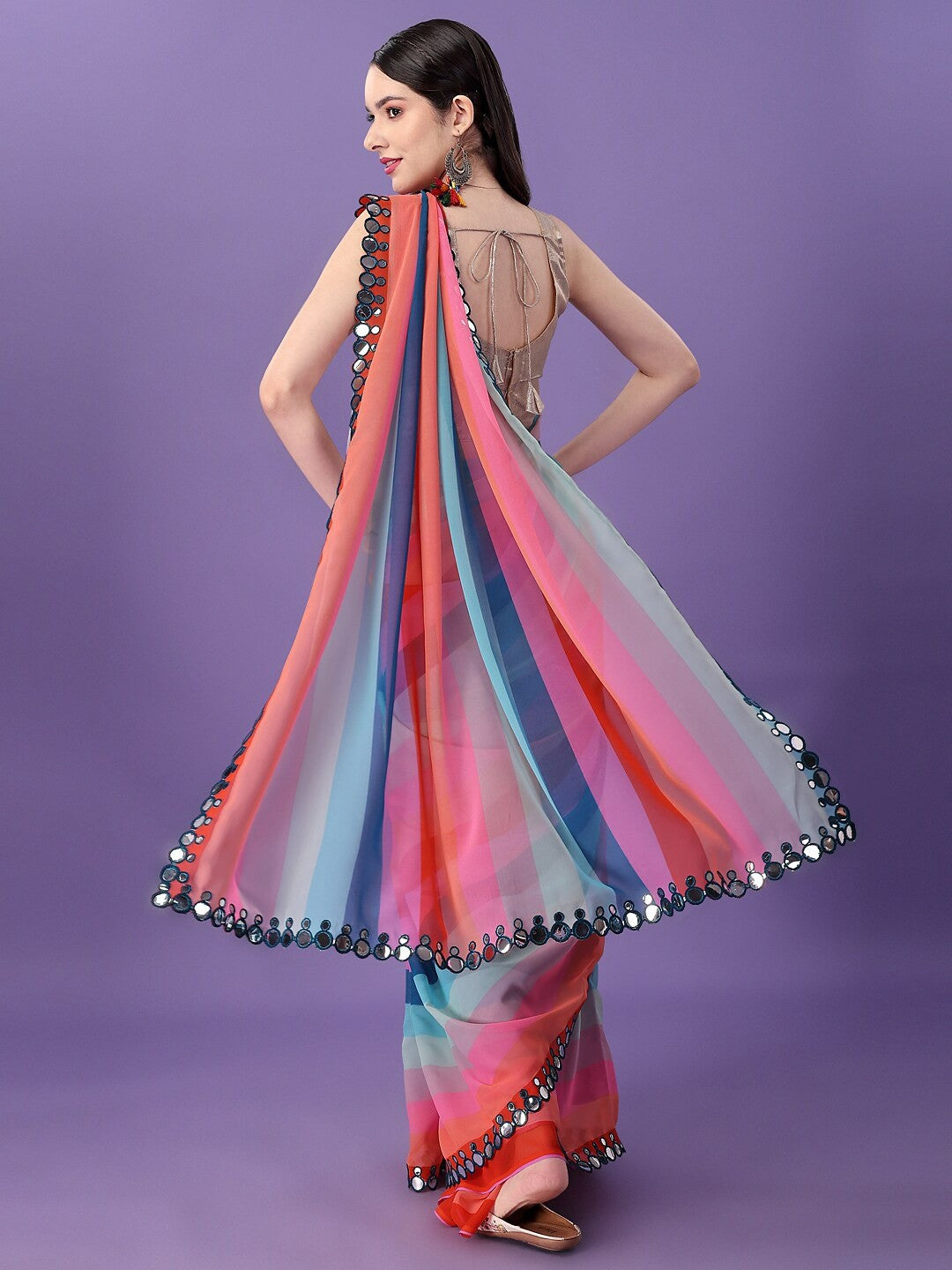 Multicolor Georgette with Leriya Print And Mirror Lace Work Saree