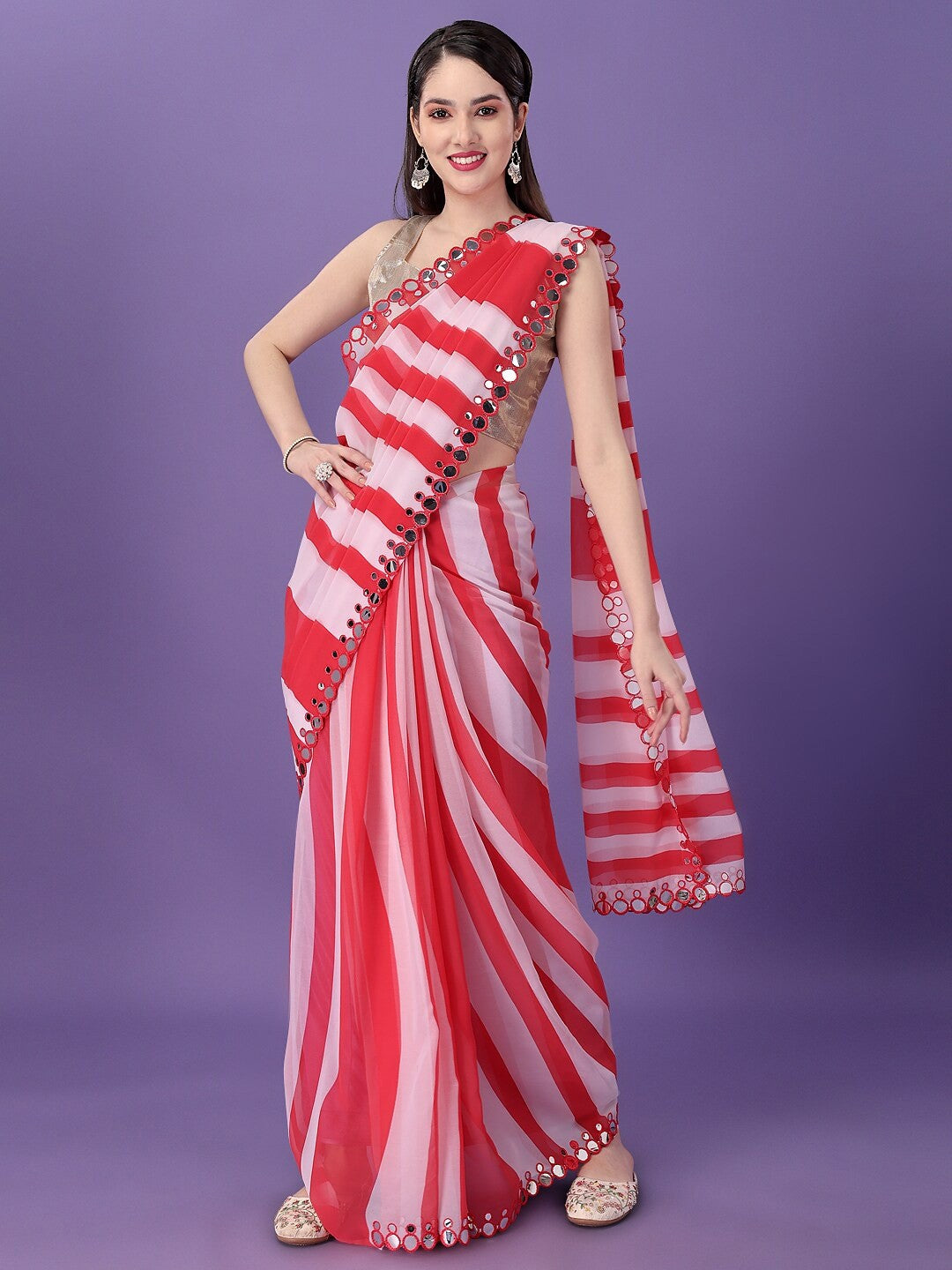 Multicolor Georgette with Leriya Print And Mirror Lace Work Saree