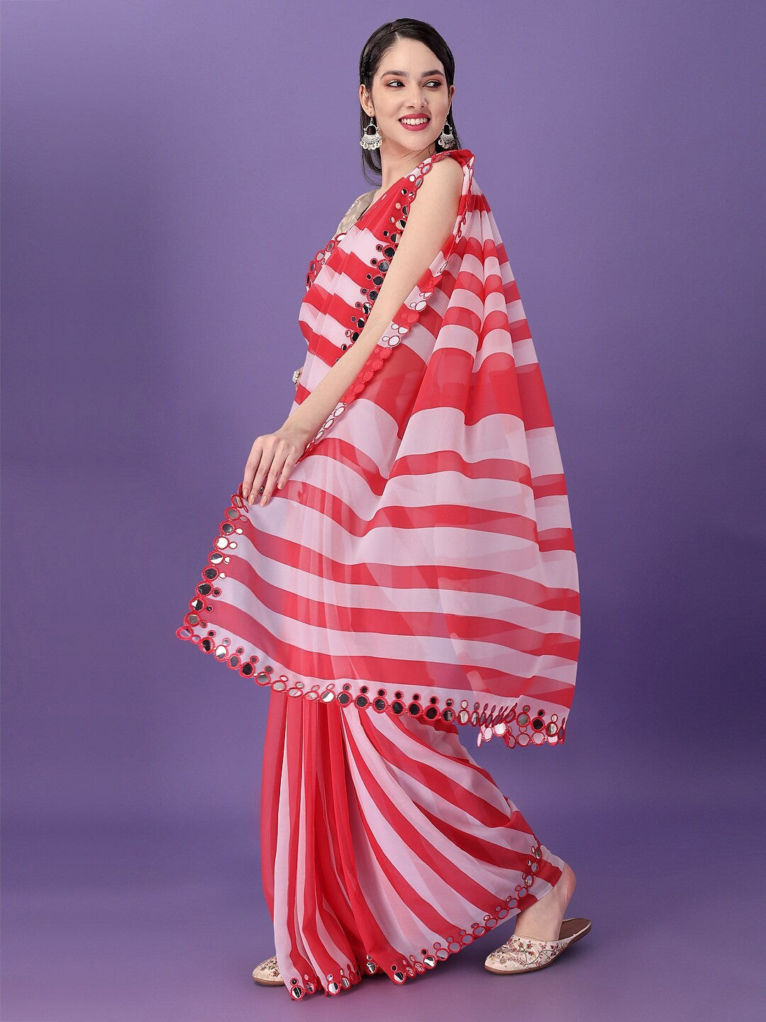 Multicolor Georgette with Leriya Print And Mirror Lace Work Saree