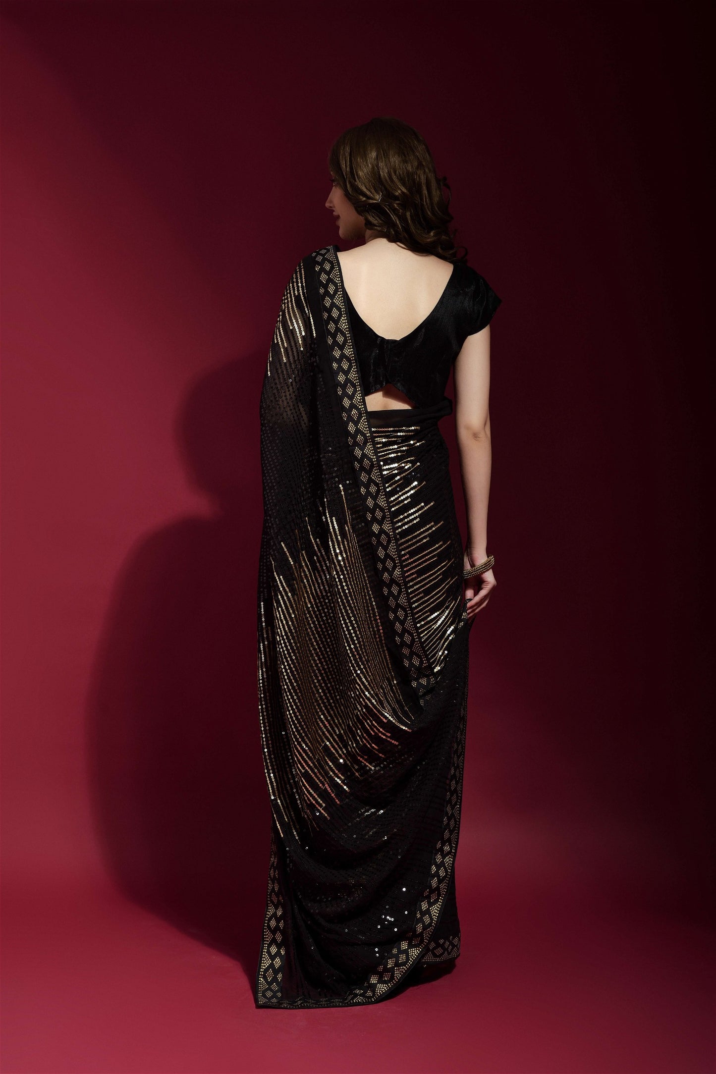 Golden Colour Sequance Work Georgette Saree