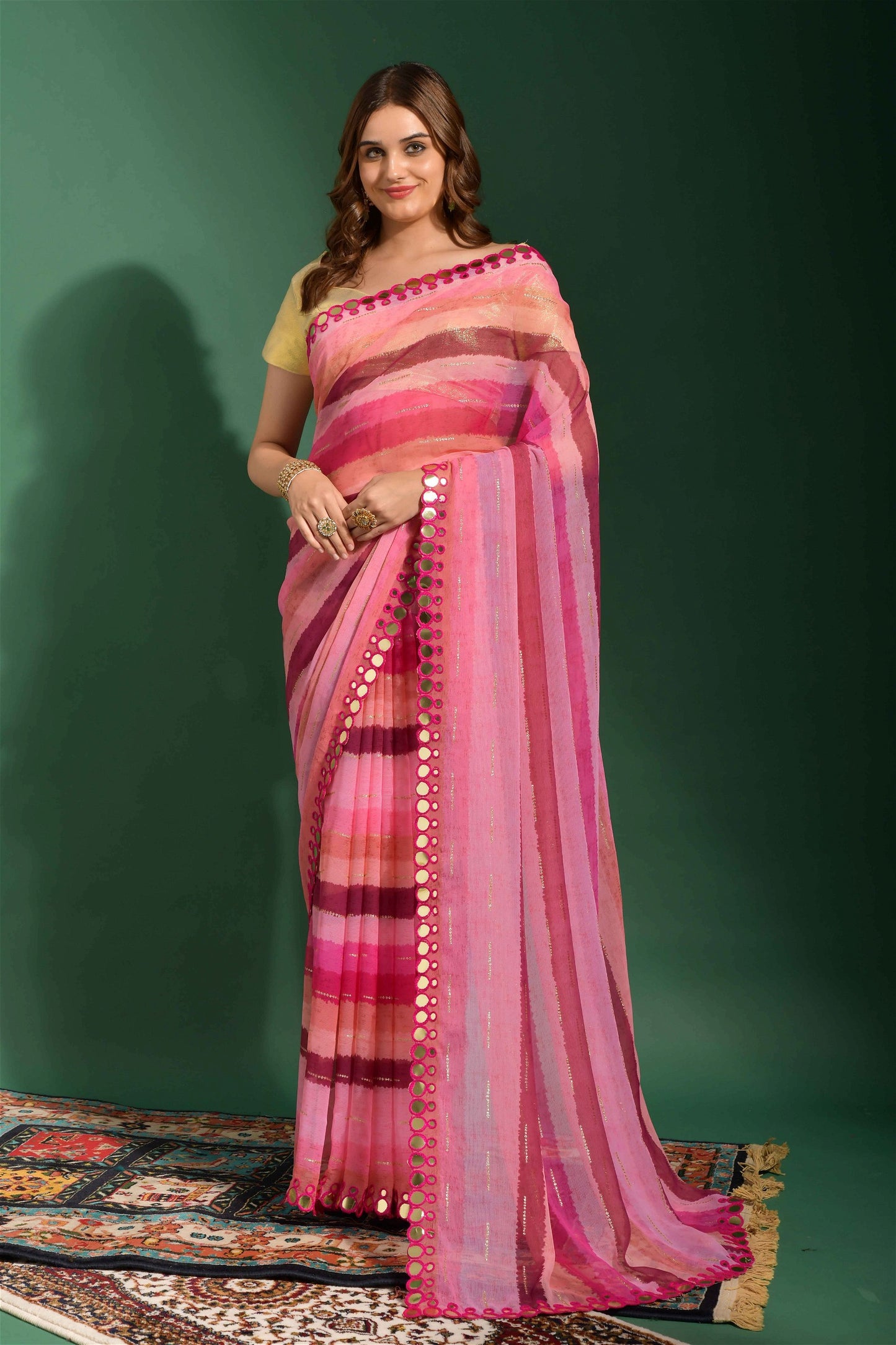Multicolor Chiffon with Leriya Print And Mirror Lace Work Saree