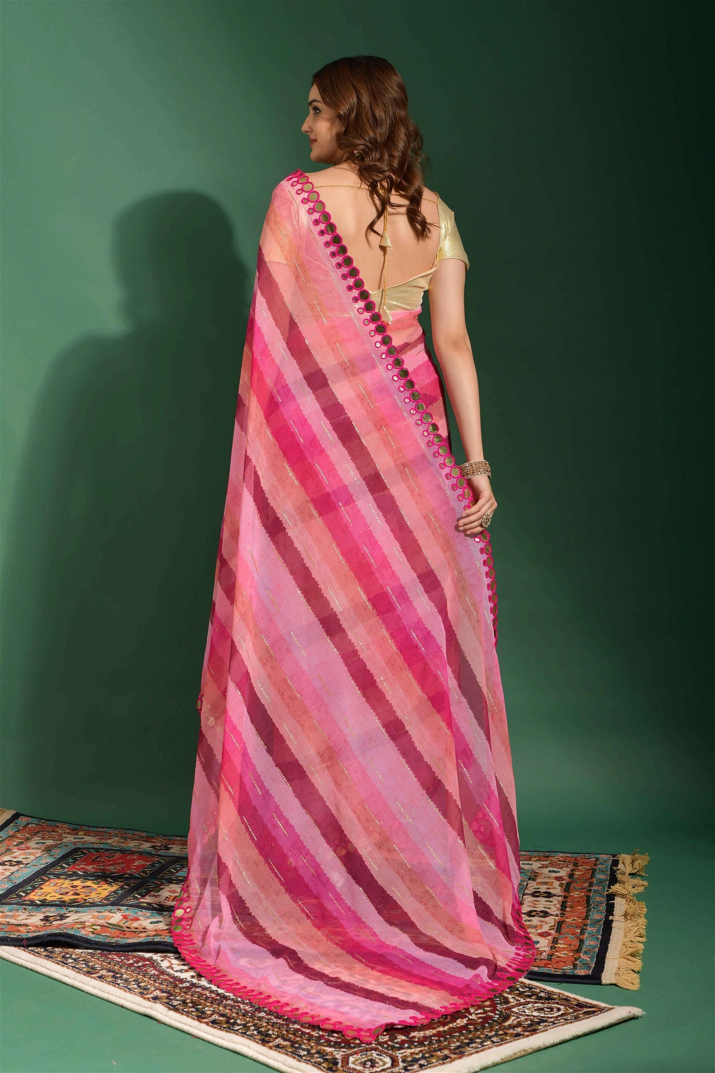 Multicolor Chiffon with Leriya Print And Mirror Lace Work Saree