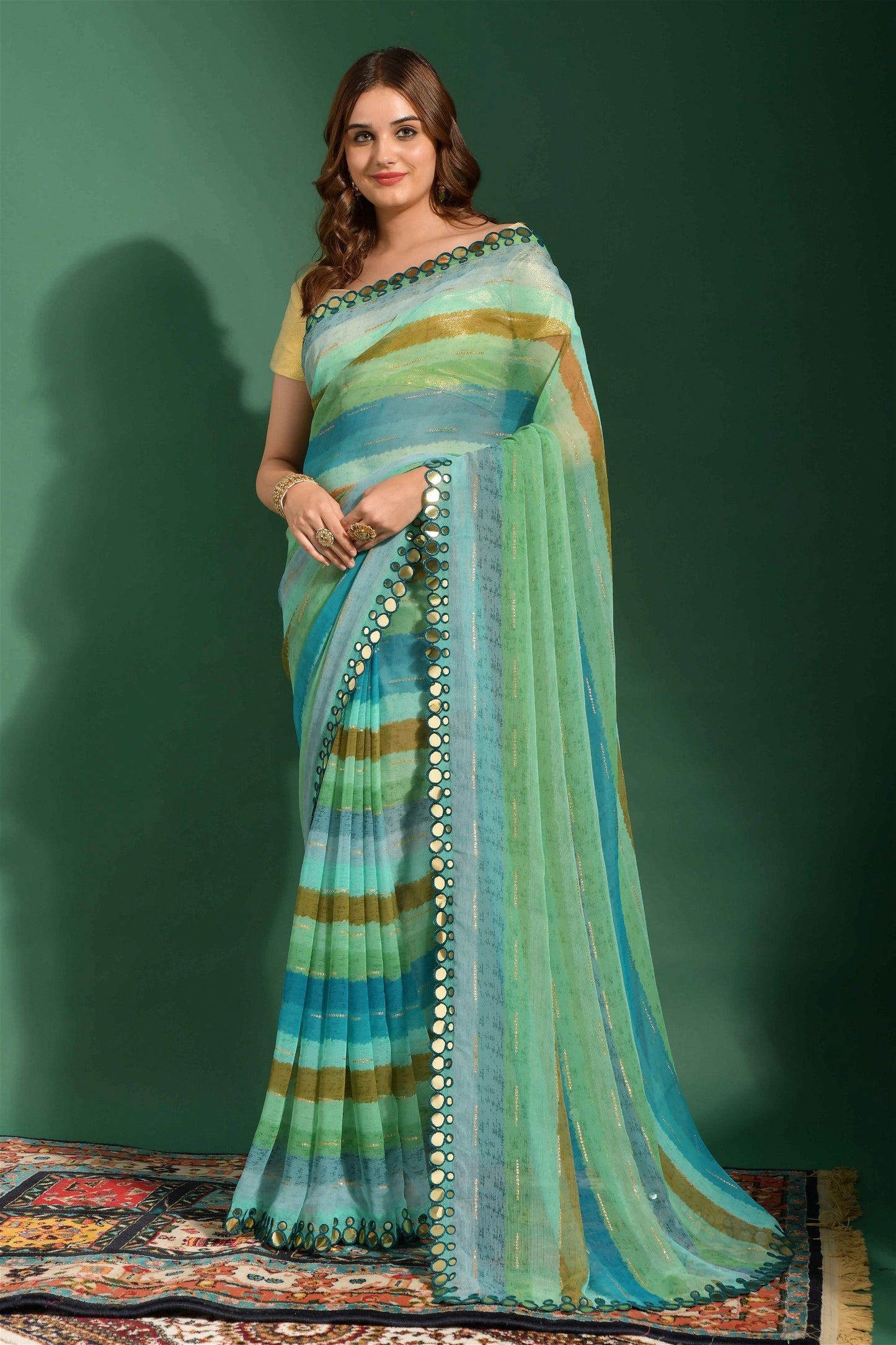 Multicolor Chiffon with Leriya Print And Mirror Lace Work Saree