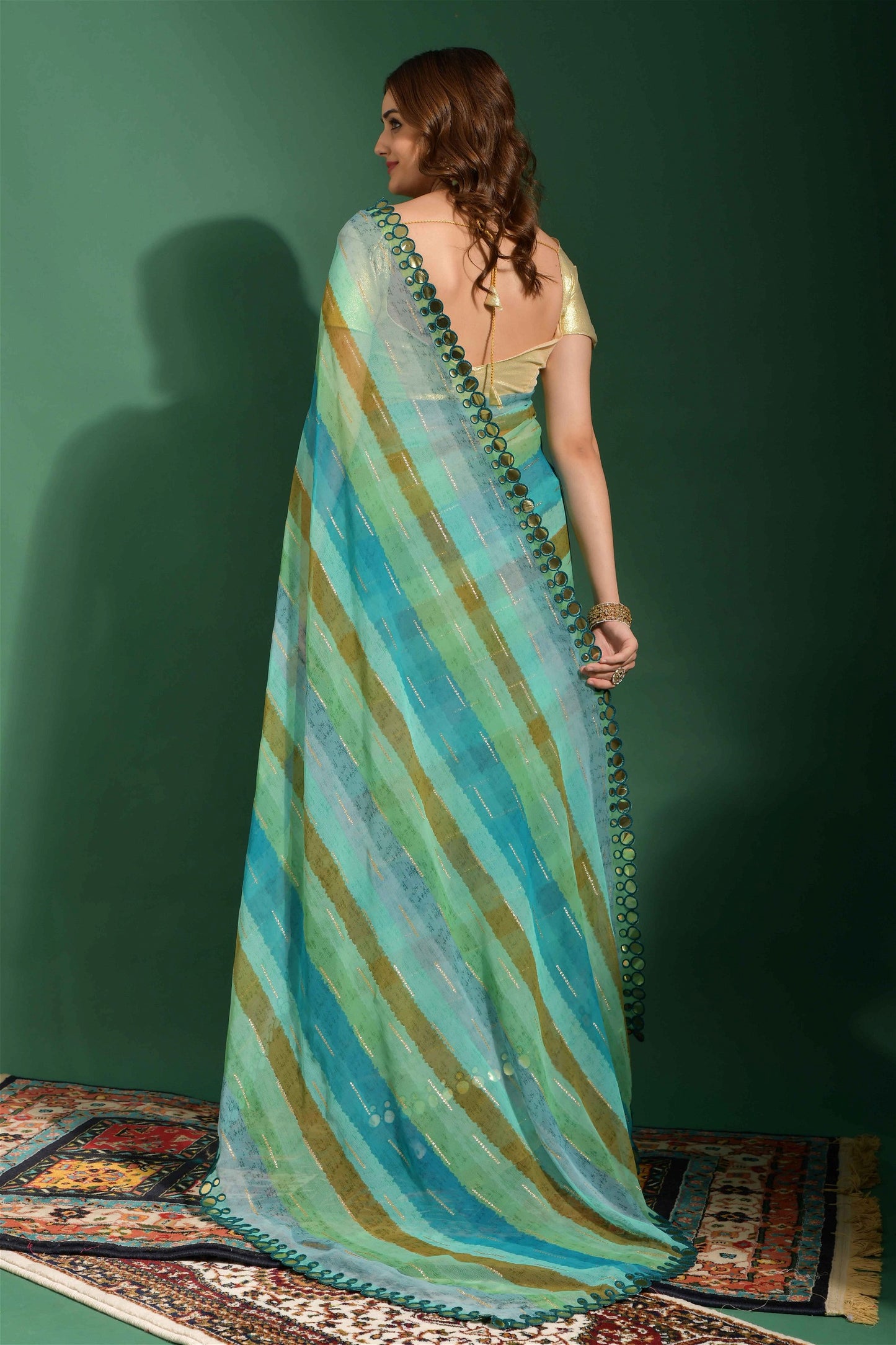 Multicolor Chiffon with Leriya Print And Mirror Lace Work Saree