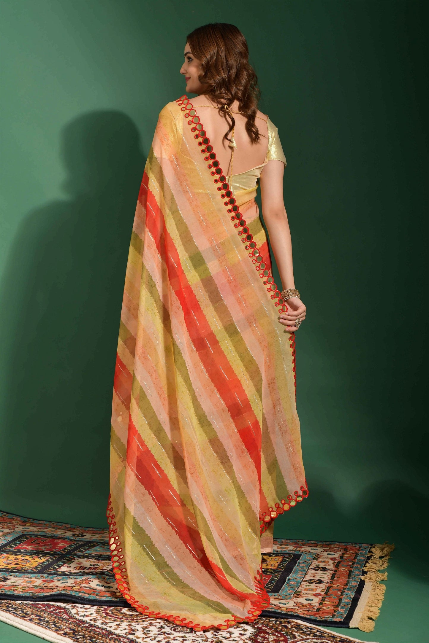 Multicolor Chiffon with Leriya Print And Mirror Lace Work Saree