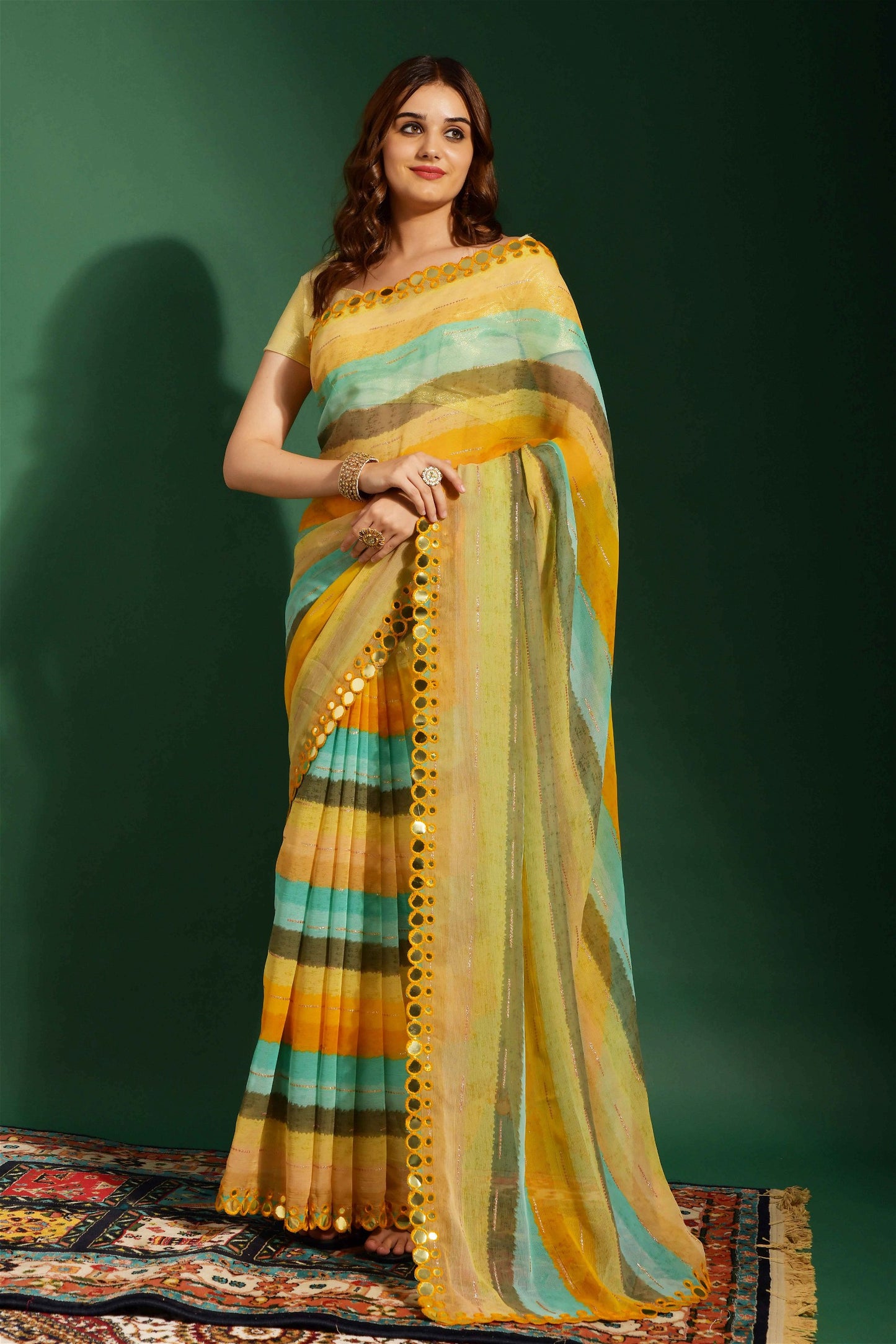 Multicolor Chiffon with Leriya Print And Mirror Lace Work Saree