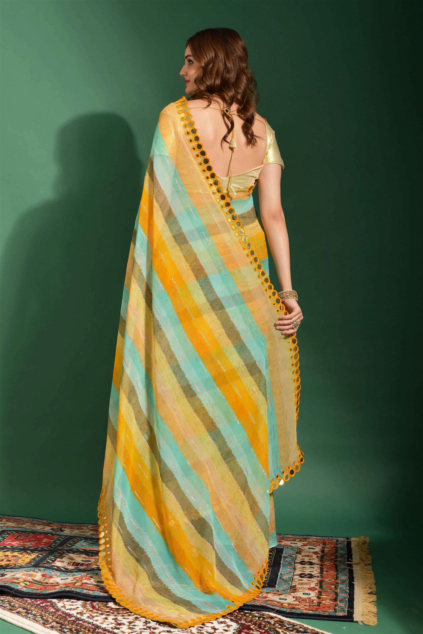 Multicolor Chiffon with Leriya Print And Mirror Lace Work Saree