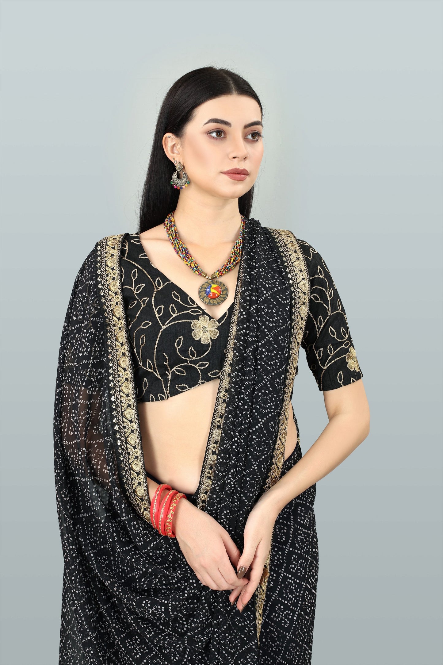 Black Colour Georgette Bandhani Printed Saree
