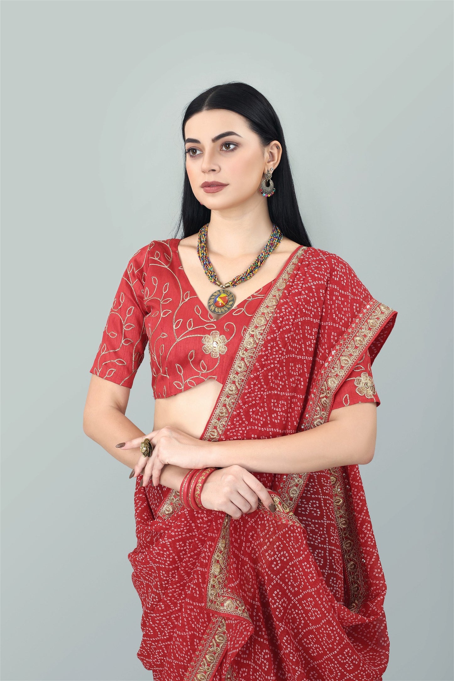 Red Colour Georgette Bandhani Printed Saree