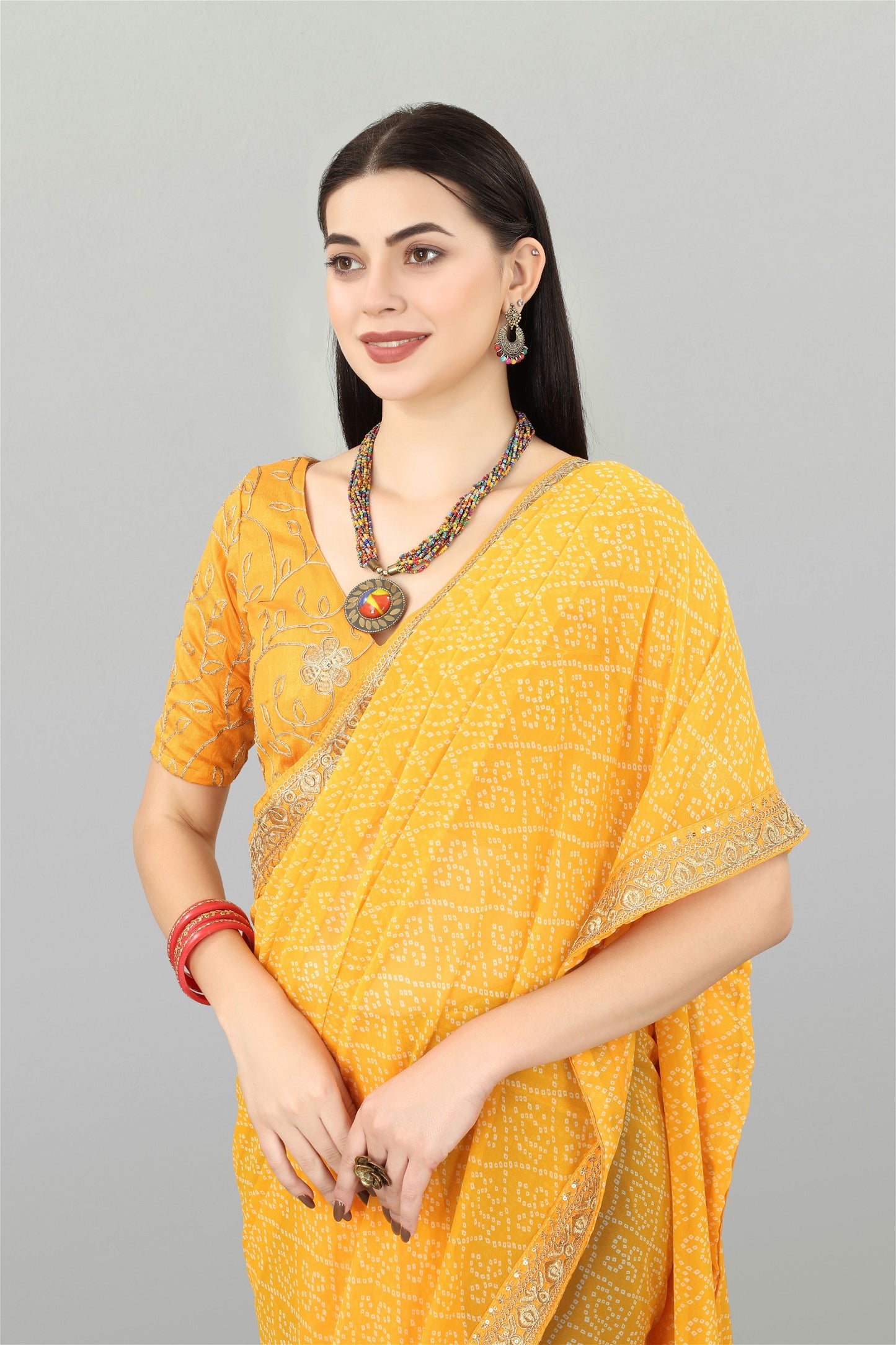 Yellow Colour Georgette Bandhani Printed Saree