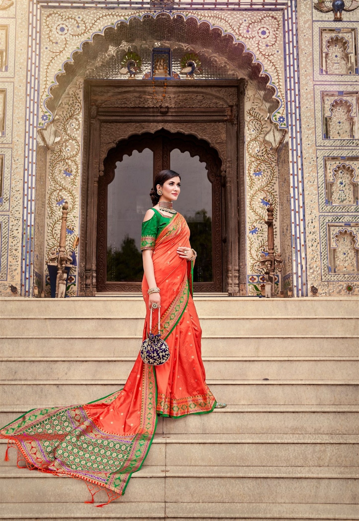 Peach Colour Designer Weaving Work Soft Silk Saree