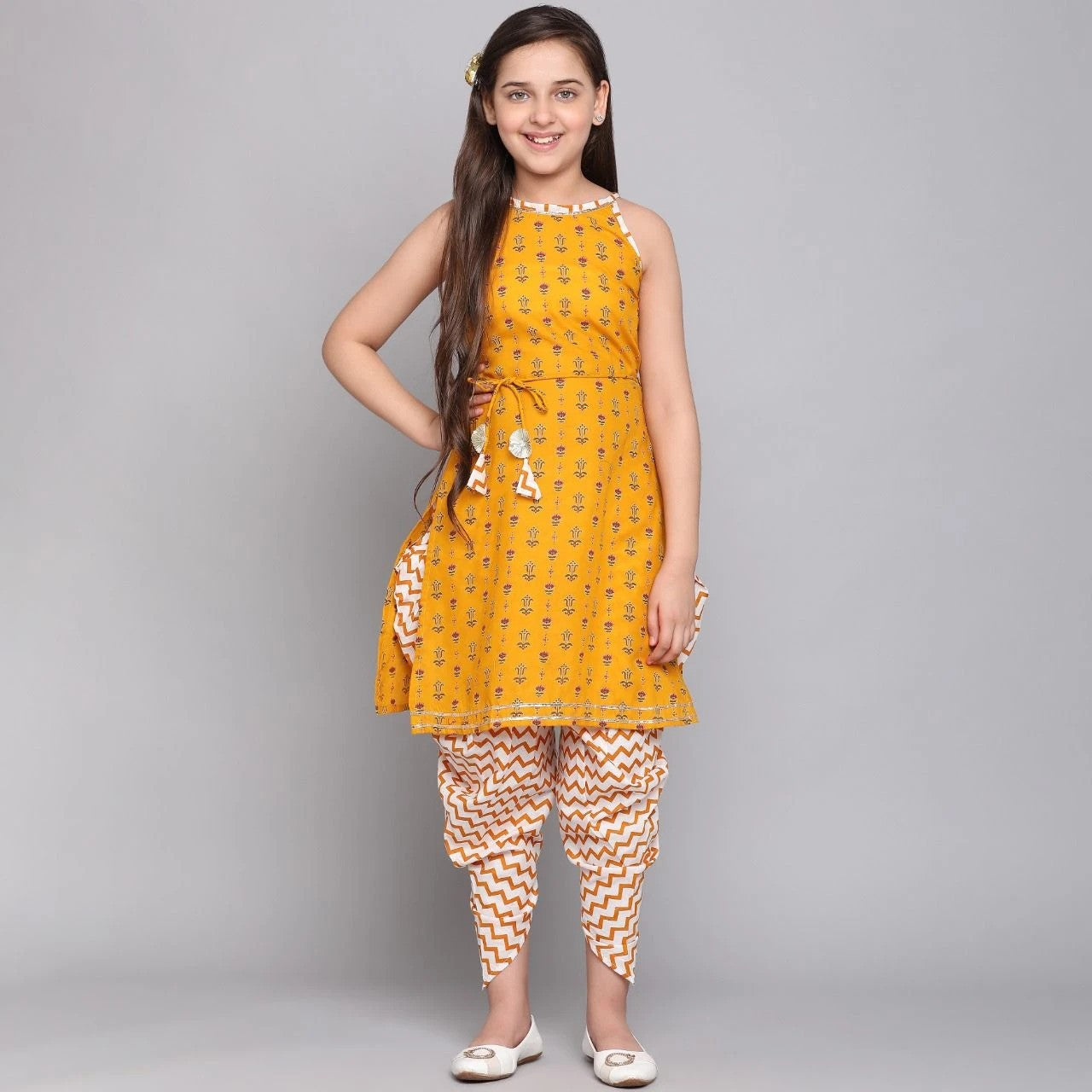 Mustard Colour Poly Cotton Girls Casual & Party Wear Kurta and Dhoti Pant Set