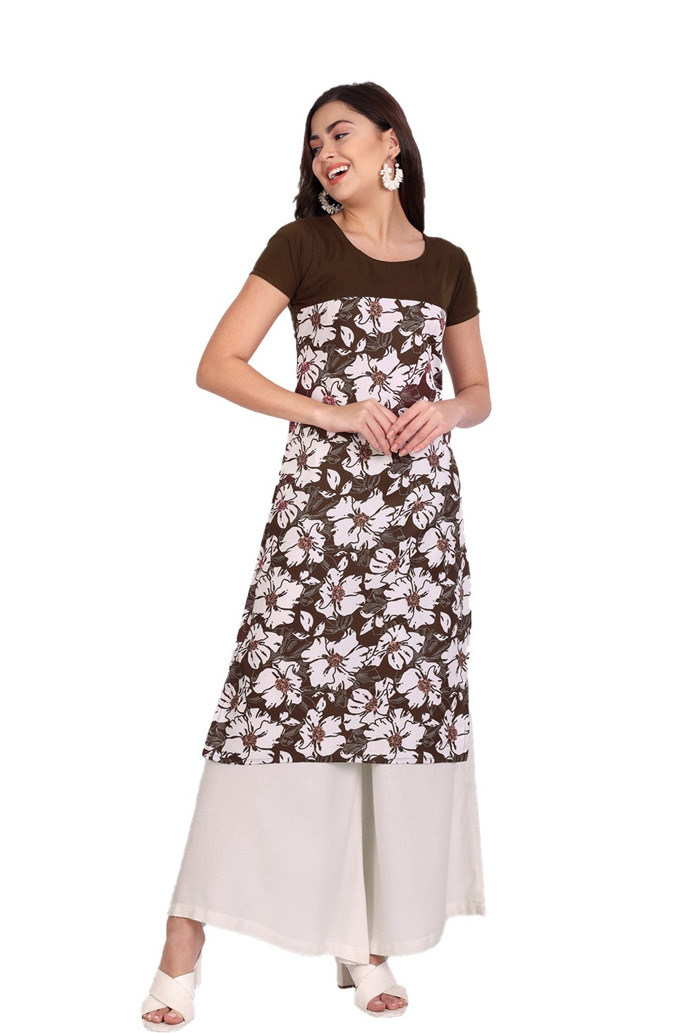 Women's Coffee Colour Printed Crepe Straight Kurti
