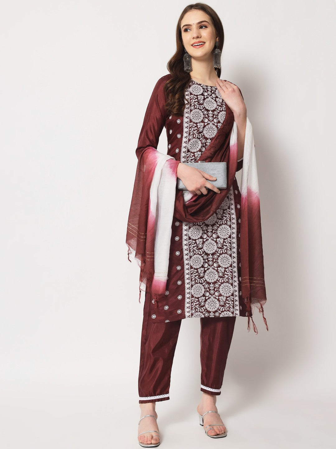 Maroon Colour South Silk Embroidery Work Casual Wear Kurta Pant Dupatta Set For Women's