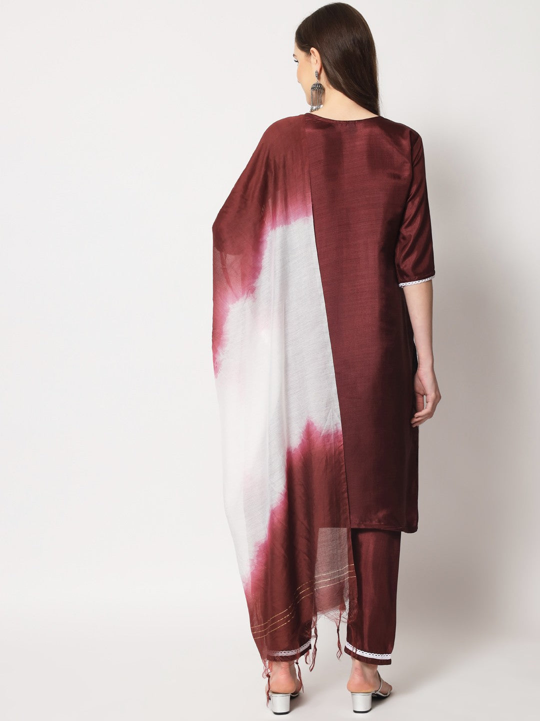 Maroon Colour South Silk Embroidery Work Casual Wear Kurta Pant Dupatta Set For Women's