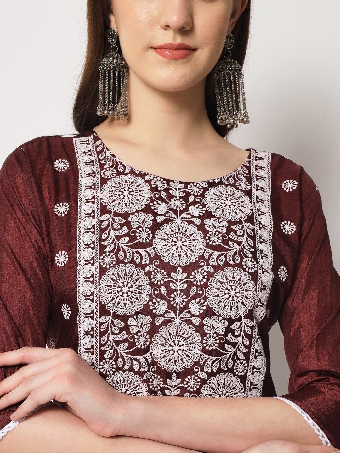 Maroon Colour South Silk Embroidery Work Casual Wear Kurta Pant Dupatta Set For Women's