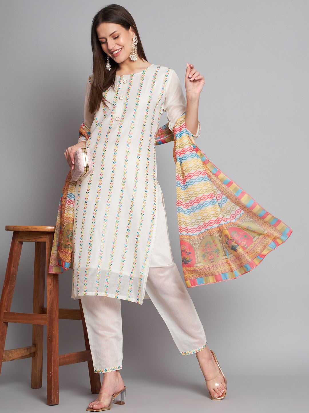 White Colour Cotton Silk Embroidery Sequins with Printed Kurta Pant Dupatta Set For Women's