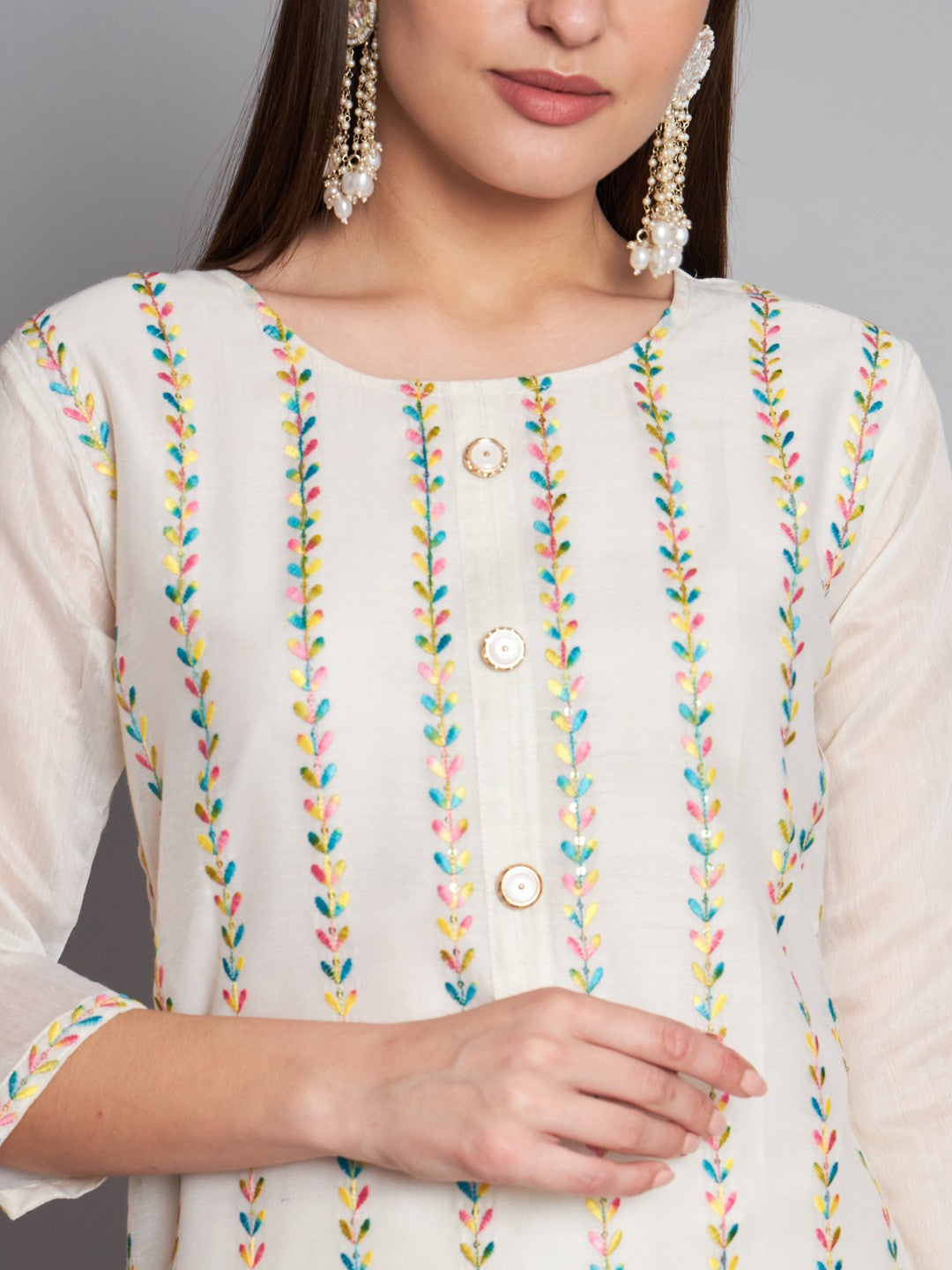 White Colour Cotton Silk Embroidery Sequins with Printed Kurta Pant Dupatta Set For Women's