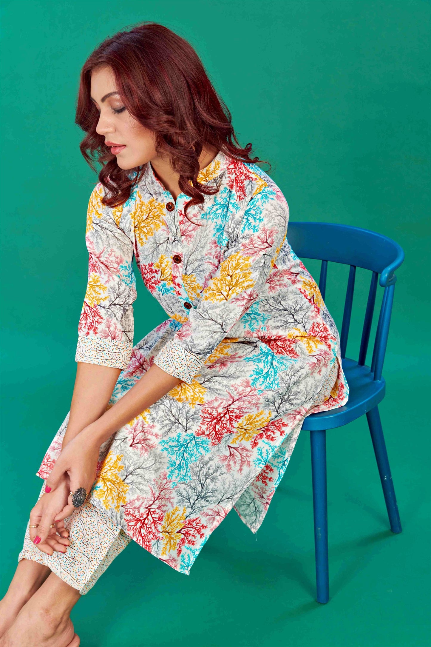White Colour Cotton Jaipuri Printed Casual Wear Kurta Pant Set For Women's