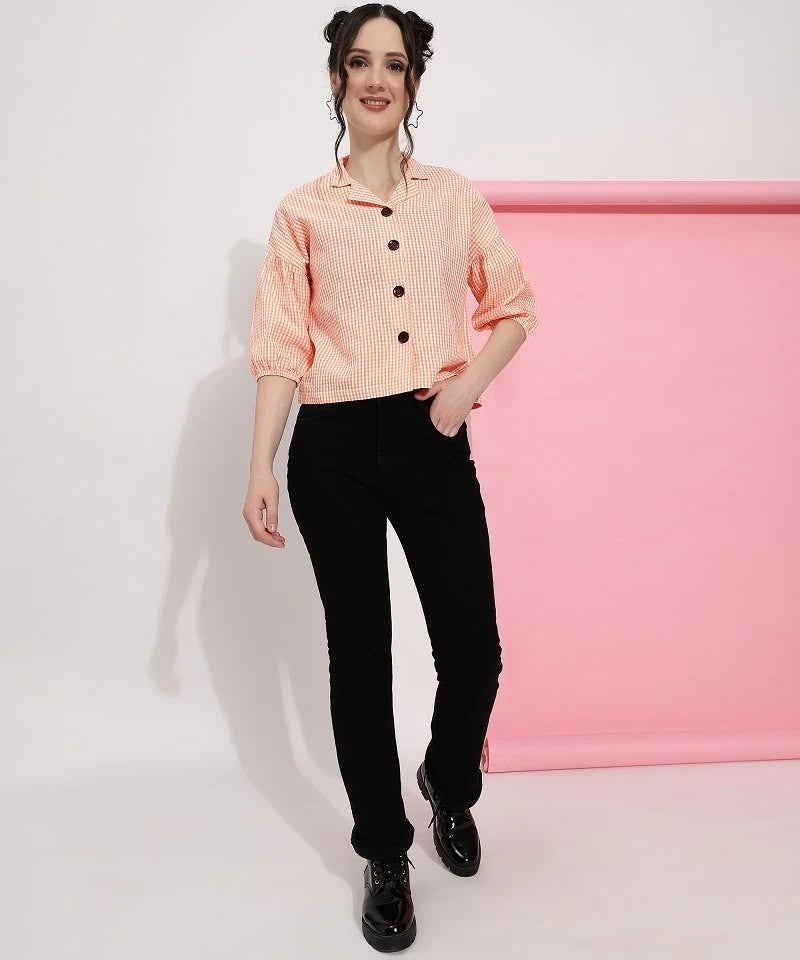Peach Colour Casual Wear Check Printed Shirt For Women