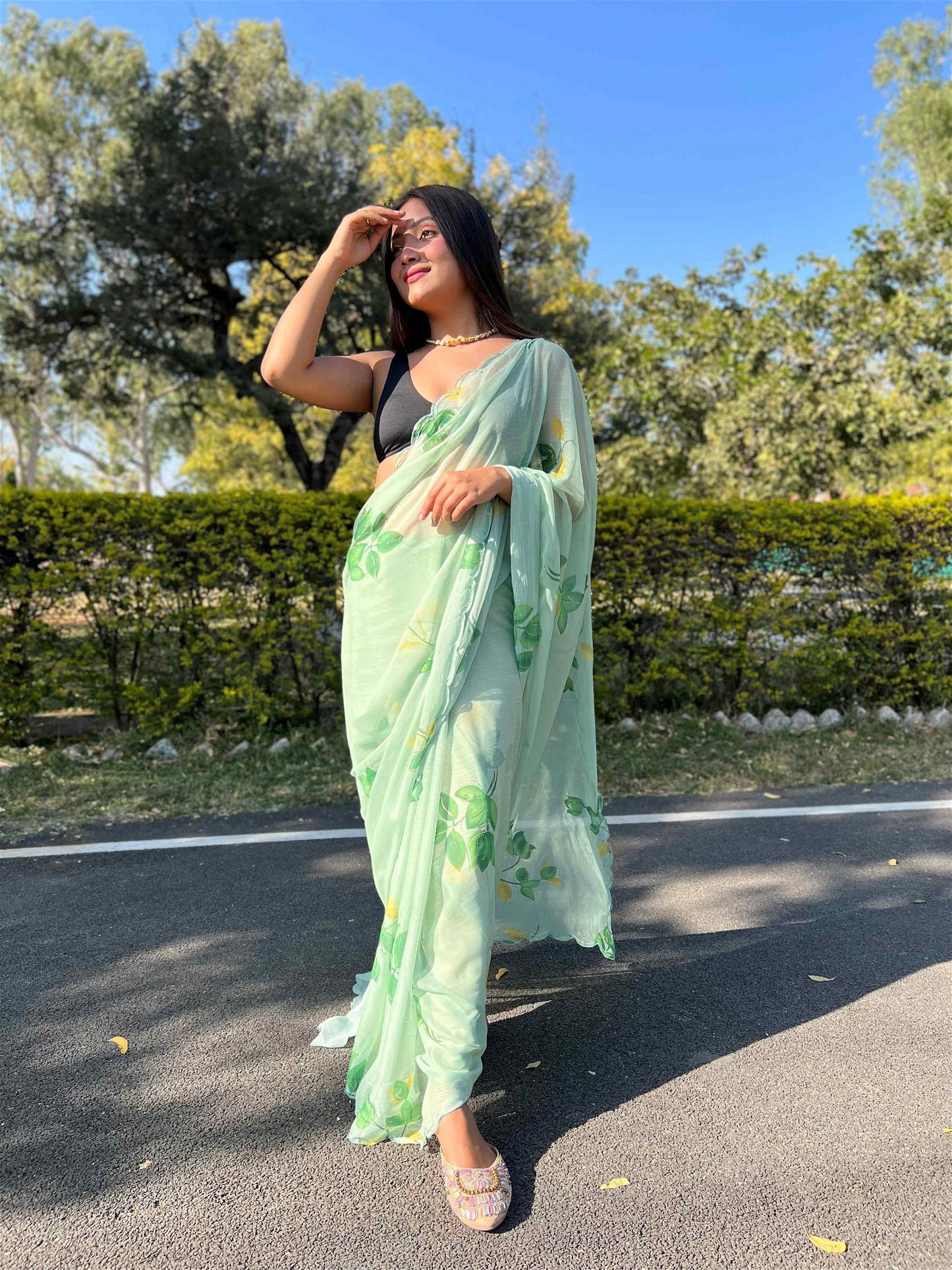 Green Colour Chiffon Digital With Foil Print Saree For Women's